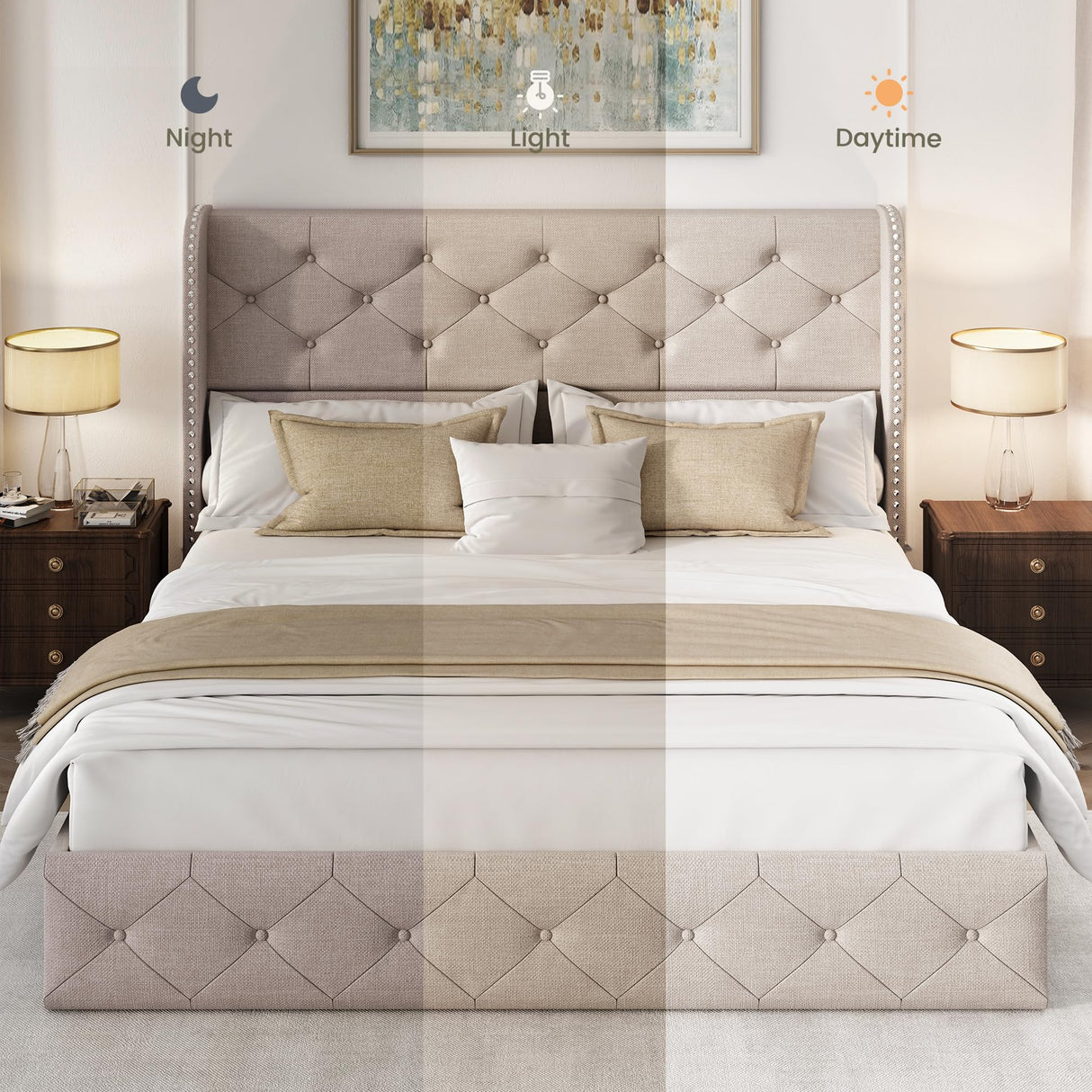 LARMACE Full Size Bed Frame with 4 Storage Drawers and Wingback Headboard Linen Upholstered Platform Bed Frame Tufted Beds with Wooden Slats Support, Easy Assembly, Beige LARMACE