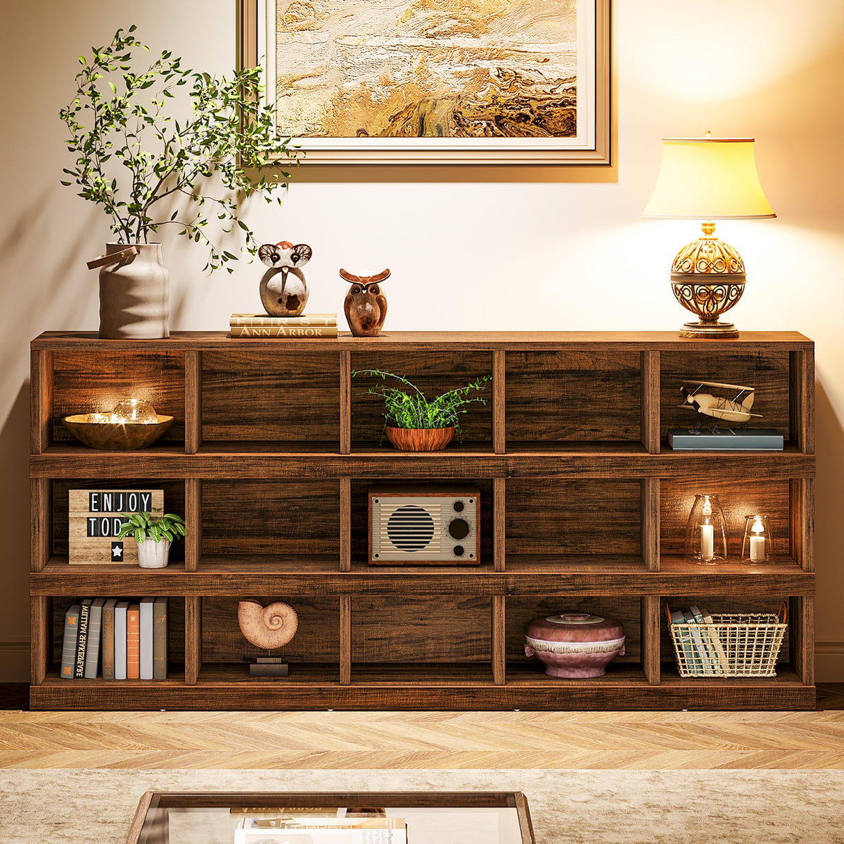 Tribesigns 63-Inch Farmhouse Console Table, 15-Cube Narrow Entryway Table, 4-Tier Wood Behind Couch Sofa Table, All Wood Hallway Table with Storage for Entryway, Foyer, Living Room, Rustic Brown Tribesigns