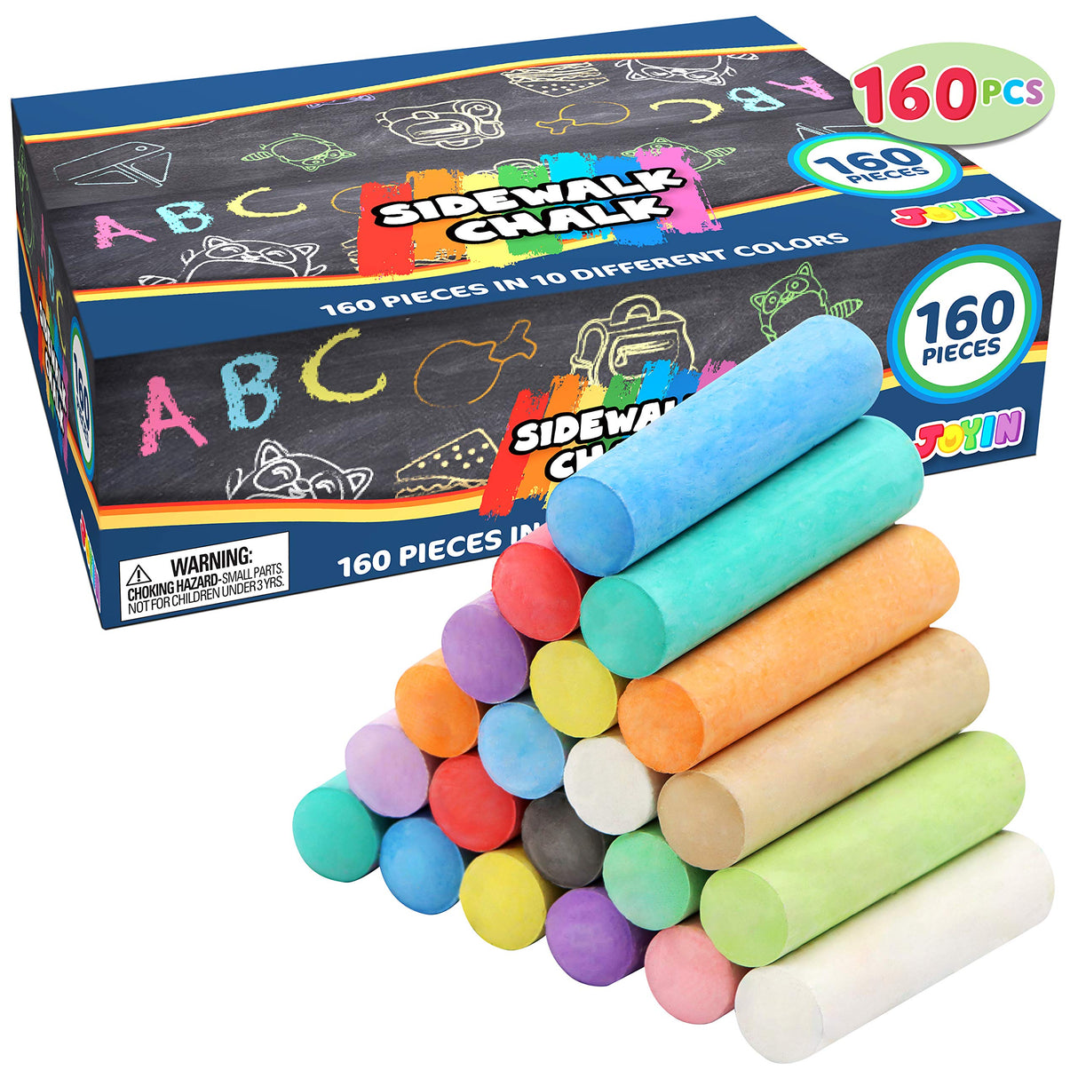 160 PCS Sidewalk Chalks Set Non-Toxic Washable Jumbo Chalk for Outdoor Art Play, Painting on Chalkboard, Blackboard and Playground JOYIN