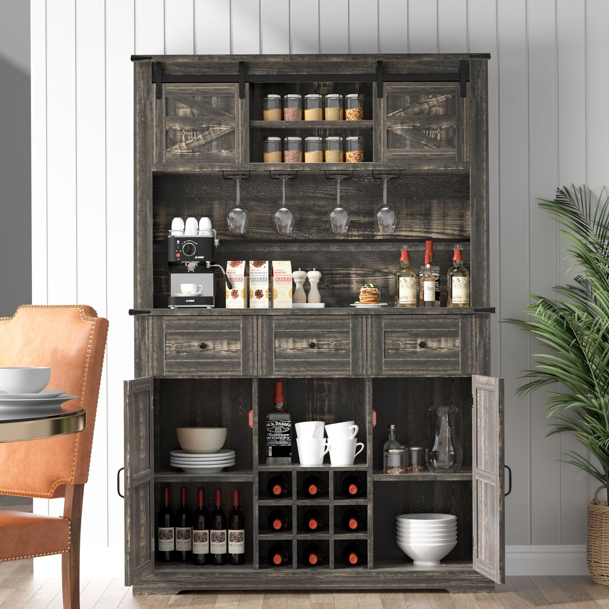 Farmhouse Coffee Bar Cabinet,72" Kitchen Hutch with Storage, Buffet Sideboard Cupboard with Adjustable Shelves, Sliding Barn Door, Wine & Glasses Rack for Kitchen, Dining Room, Dark Rustic Oak Redpick