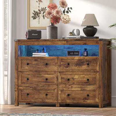 Dresser for Bedroom with 6 Drawers, Wide Chest of Drawers with LED Light and Power Outlet, Wooden Closet Organizer Clothes Storage Cabinet, Modern Double Dressers for Living Room, Hallway, Brown