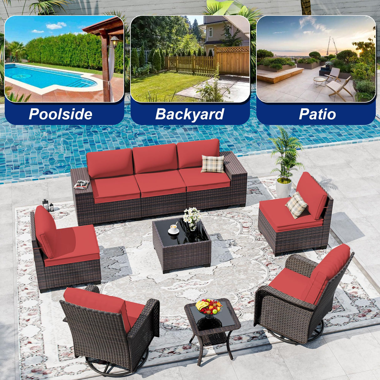 ASJMR 9 Pieces Patio Furniture Set with 2 Swivel Chairs Patio Furniture Outdoor Sectional Sofas Outdoor Patio Conversation Set - Red ASJMR