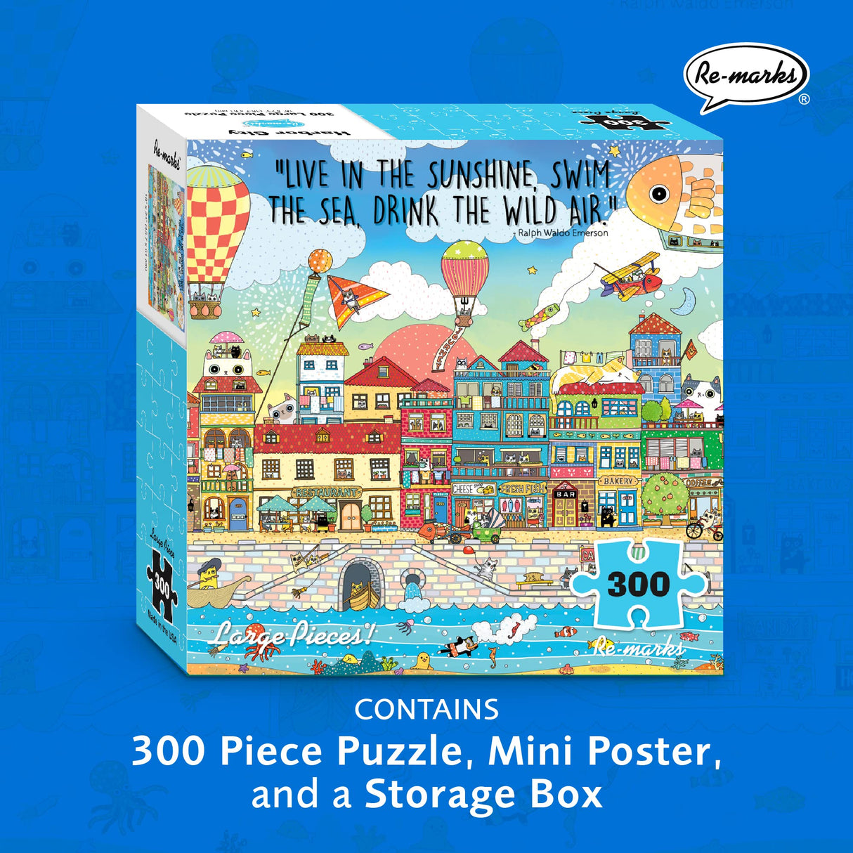 Re-marks Harbor City Illustrated Puzzle, 300-Piece Jigsaw Puzzle for All Ages Re-Marks