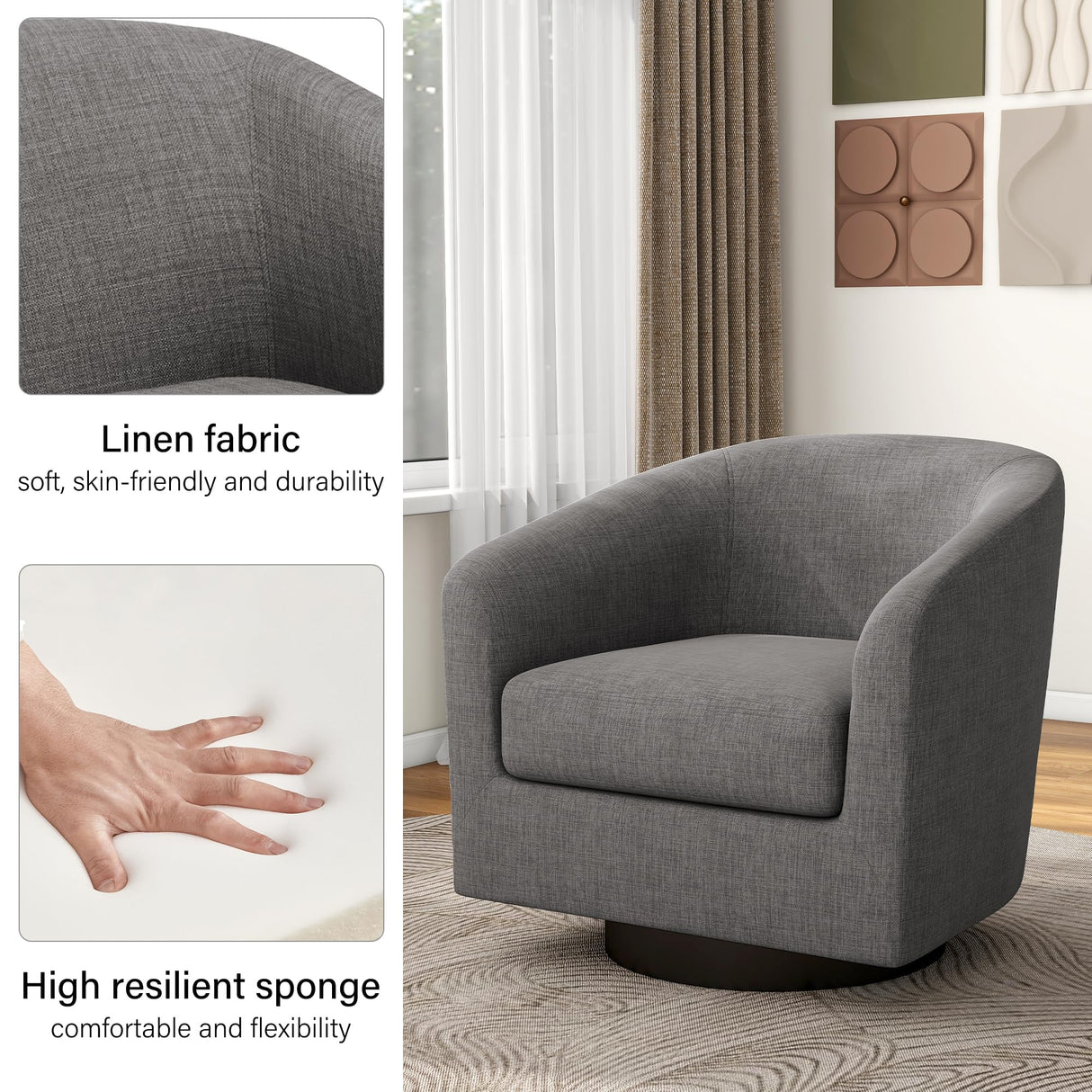 Swivel Barrel Accent Chair, Modern Round Linen Arm Chair for Living Room, Bedroom, Comfy Club Reading Chairs for Adults(Linen Fabric, Grey, Set of 2 DREAMSIDEA