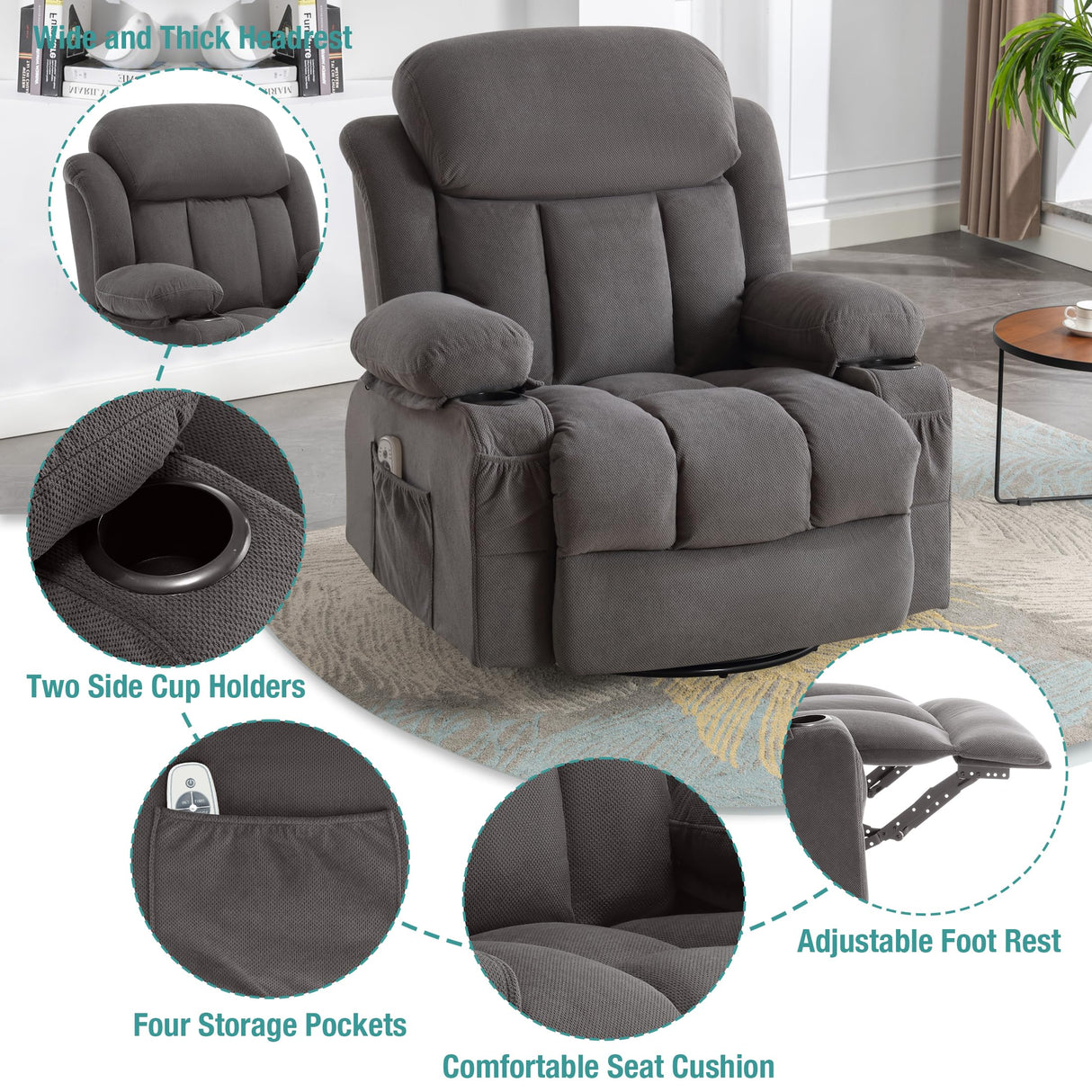 BOSMILLER Massage Recliner Chair, Swivel and Rocking Recliner with Heat and Vibration, Breathable Fabric Ergonomic Single Sofa Chair for Living Room with Cup Holders, Side Pockets and USB (Grey) BOSMILLER