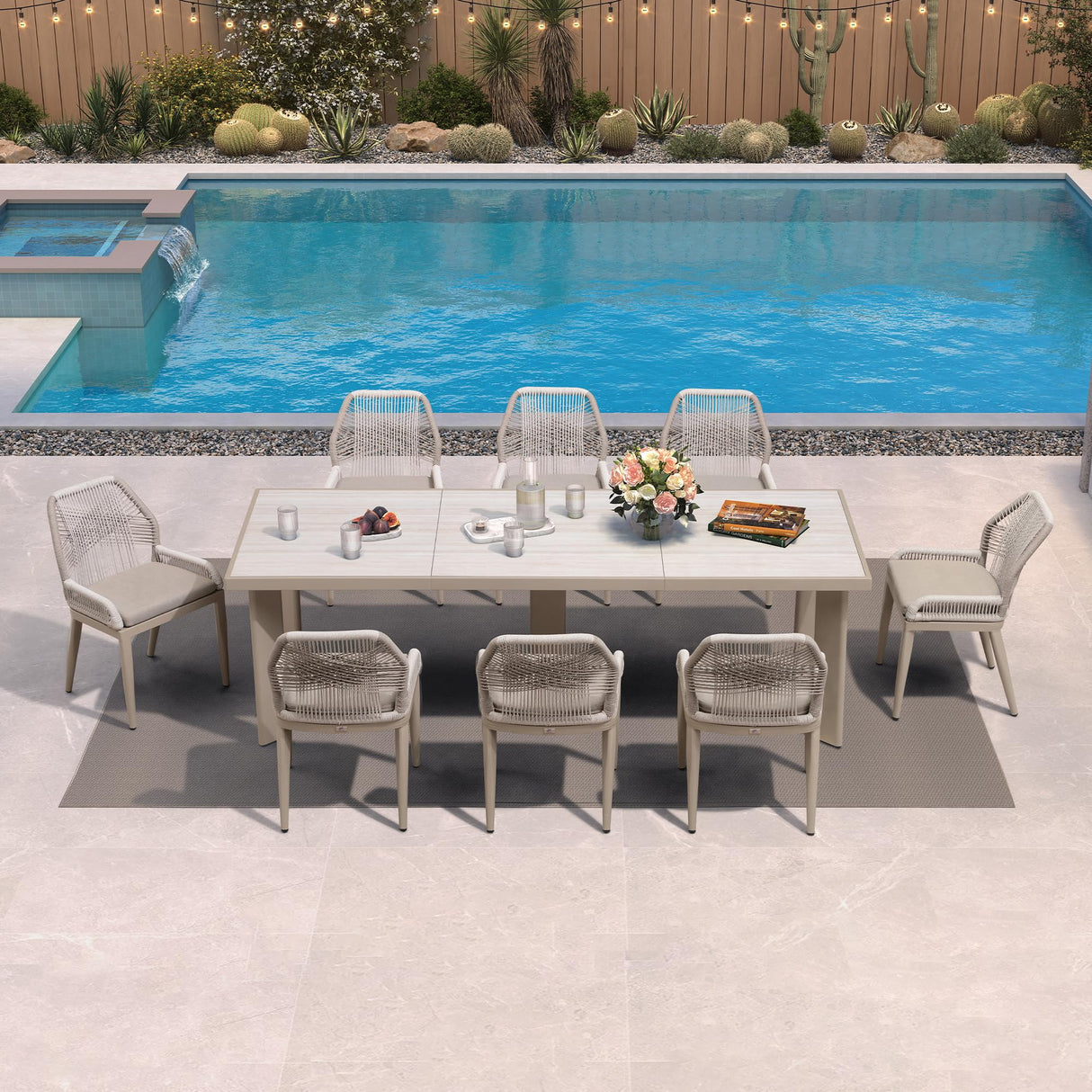 PURPLE LEAF 9 Pieces Patio Dining Set Aluminum Modern Rectangular Table and Wicker Chairs with Cushions for Kitchen Porch Garden Outdoor Furniture Sets, Champagne PURPLE LEAF