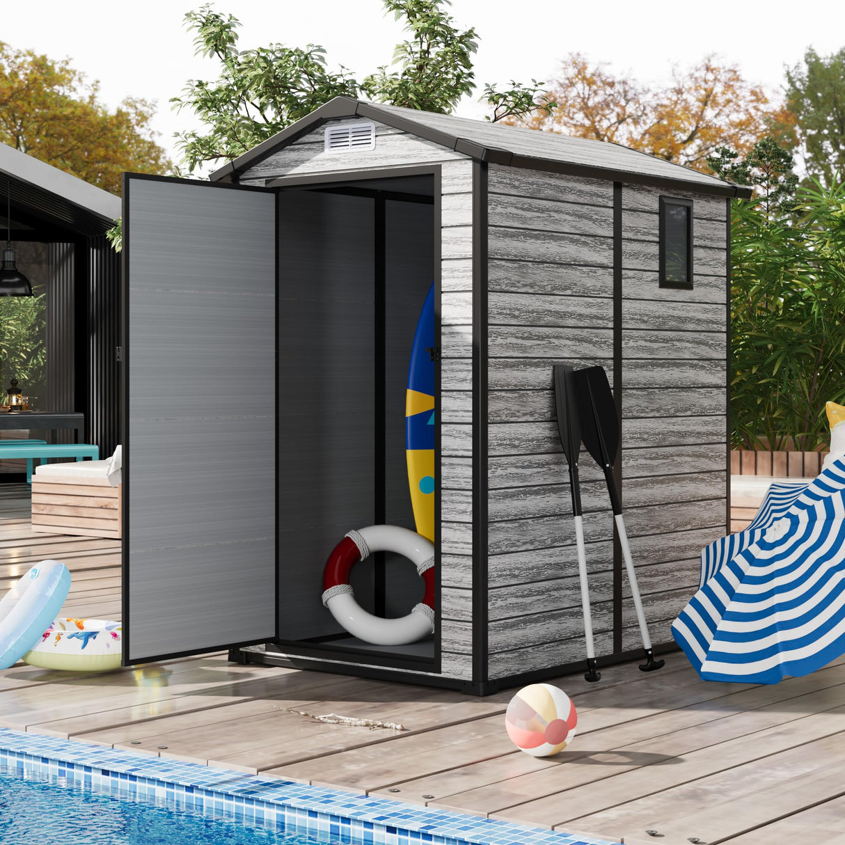 All-Weather Resin Shed with Window, Outdoor Plastic Garden Shed with Lockable Door and Vents, Outdoor Resin Storage Sheds for Tool, Bike, Backyard, Patio Reljofum