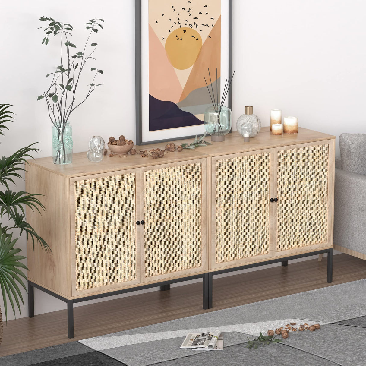 XIAO WEI Sideboard with Handmade Natural Rattan Woven Doors, Rattan Cabinet Console Table Storage Cabinet Buffet Cabinet, for Kitchen, Living Room, Hallway, Entryway-2 Pieces(Natural) XIAO WEI
