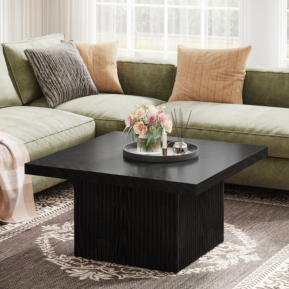 Tribesigns Square Coffee Table, 31.5-Inch Fluted Coffee Table, Mid-Century Modern Living Room Table, Large Cocktail Table for Living Room, Easy Assembly, Black Tribesigns