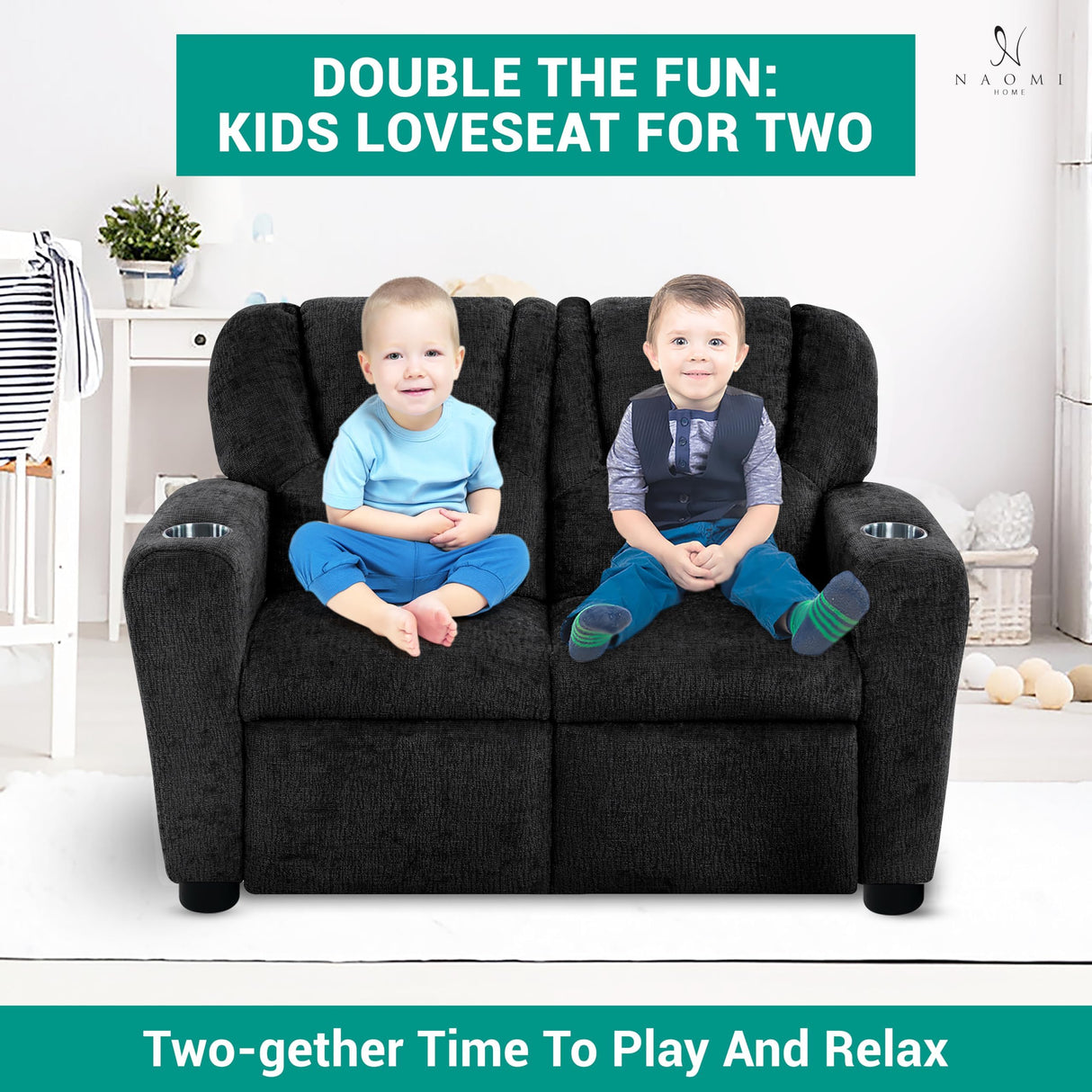 Naomi Home Suri Kids Recliner Loveseat with Cup Holders & Footrests, Black Chenille - Cozy 2-Seater Lounge for Children Naomi Home