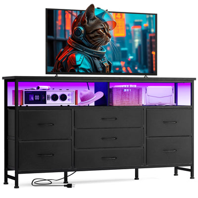 Fixwal Black Dresser for Bedroom with Power Outlets and LED Lights, 55 Inch Drawer TV Stand with 7 Fabric Drawers, TV Stand for Bedroom Up to 65 Inch TV, Chests of Drawers for Bedroom Black