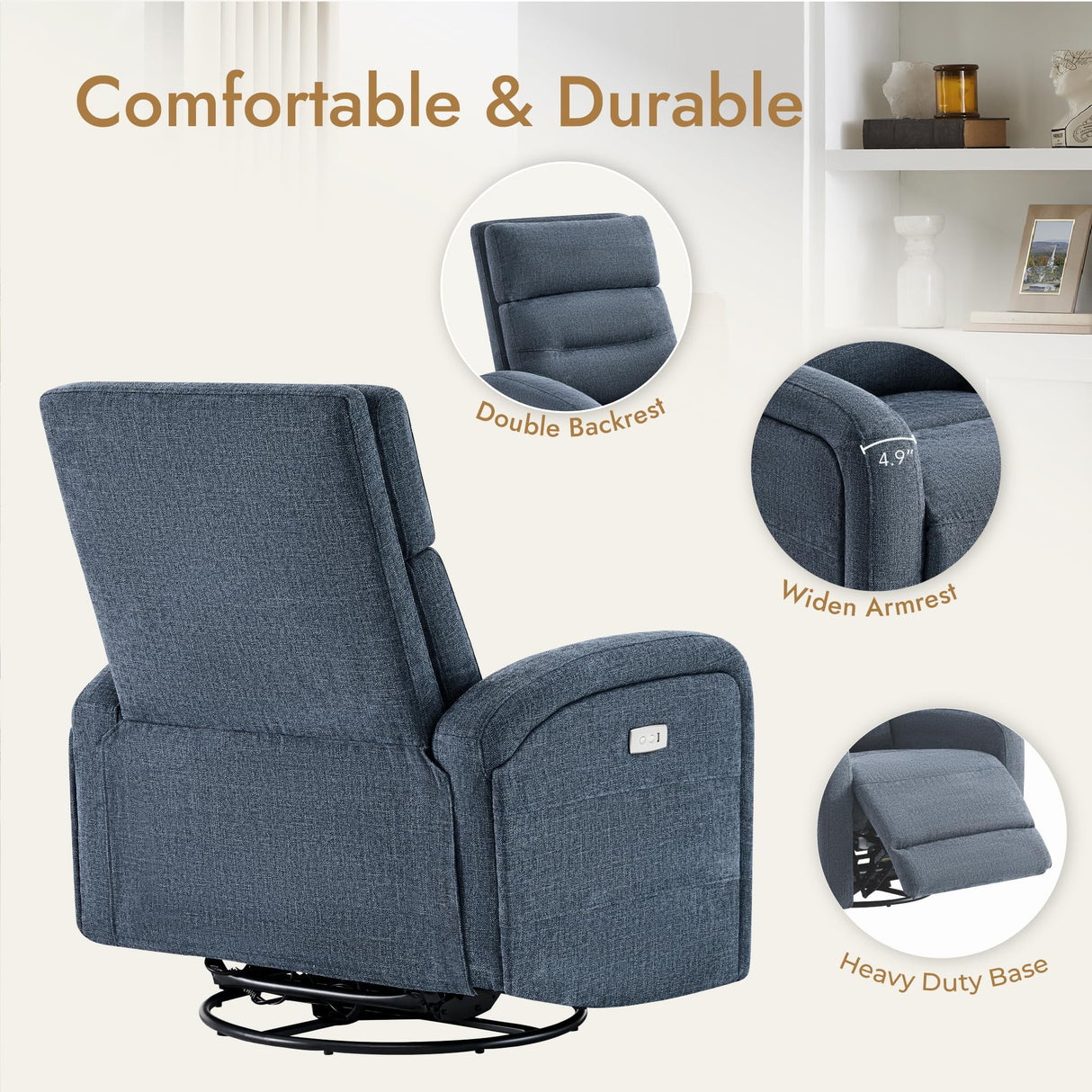 Watson & Whitely Swivel Power Recliner Glider Rocker, Small Recliner with Charging Port for Living Room, Fabric in Blue Watson & Whitely