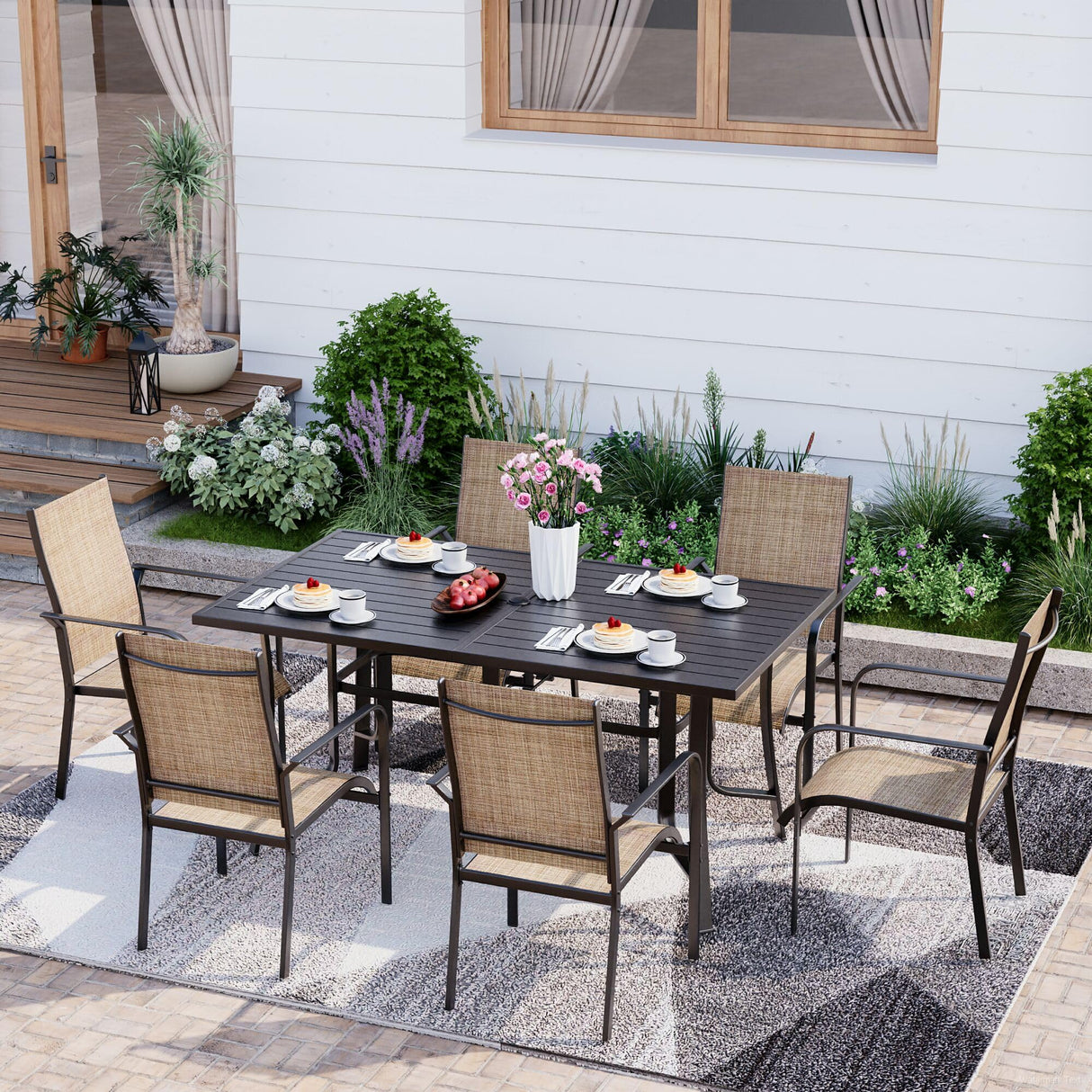 BUPPLEE 7-Piece Outdoor Patio Dining Set - 6 Stackable Texlin Sling Chairs & 63" Steel Table, Weatherproof Low-Maintenance Furniture for Backyard/Balcony/Poolside, Includes 1.57"-1.97" Umbrella Hole BUPPLEE