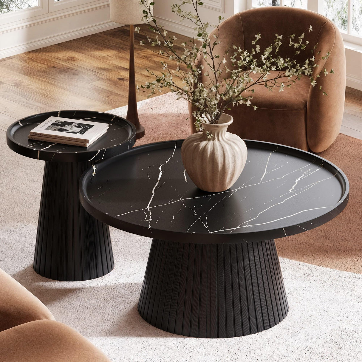 win2win Nesting Coffee Table Set of 2, Mid Century Modern Coffee Table with Marble Veneer, Fluted Round Tea Table and End Table Set, Minimalist Center Tables for Living Room, Office, Black win2win