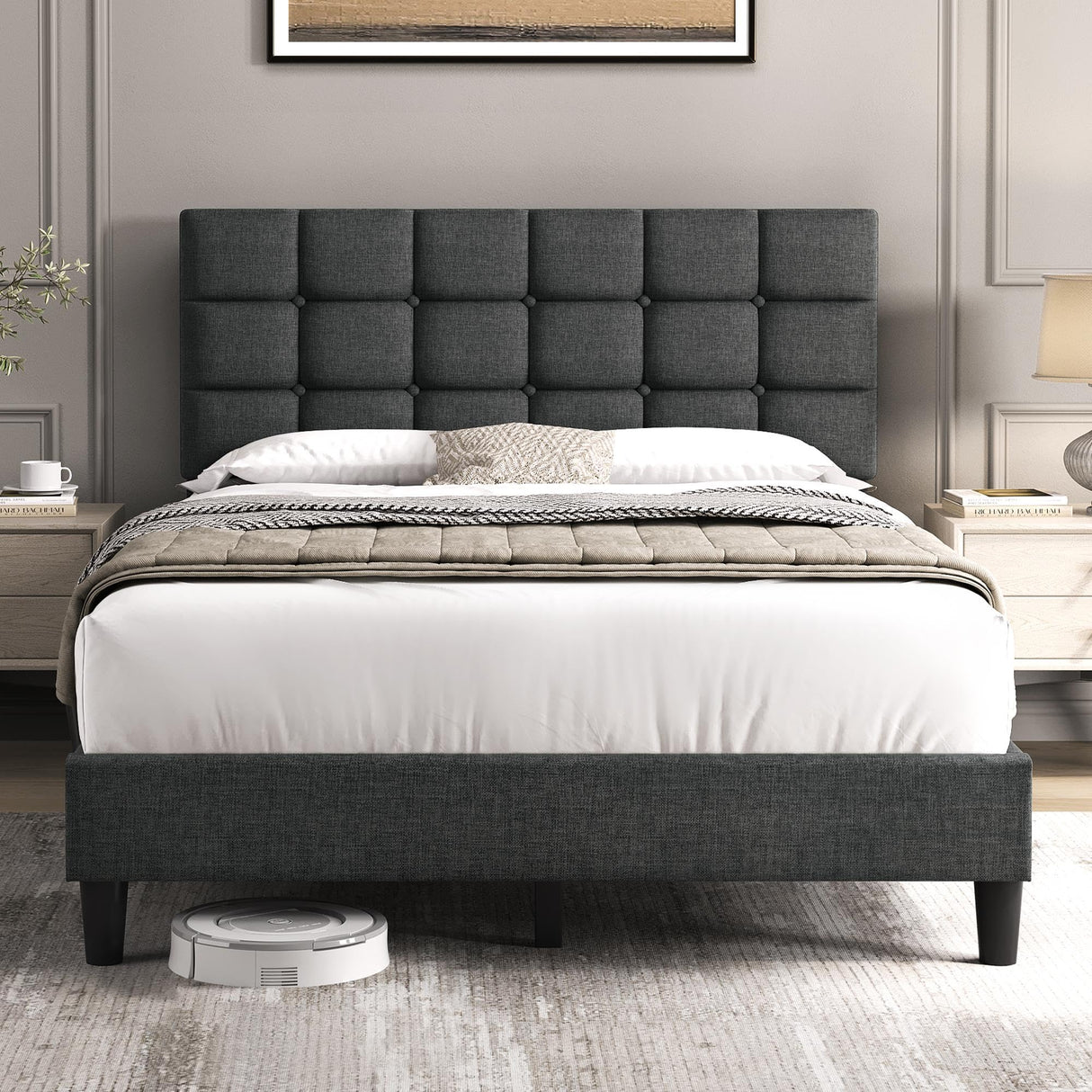 Yaheetech Upholstered Bed Frame, Modern Full Bed Platform with Square Stitched&Button Tufting Headboard Height Adjustable, Wooden Slats Support, No Box Spring Needed, Full Size, Dark Gray Yaheetech