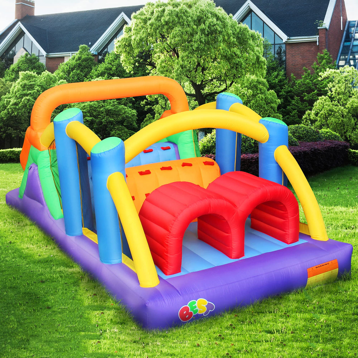 BESTPARTY Inflatable Obstacle Course Bounce House Castle with Large Slides Bounce Area and Obstacles Inflatable Bouncer House Jumper with Blower BESTPARTY