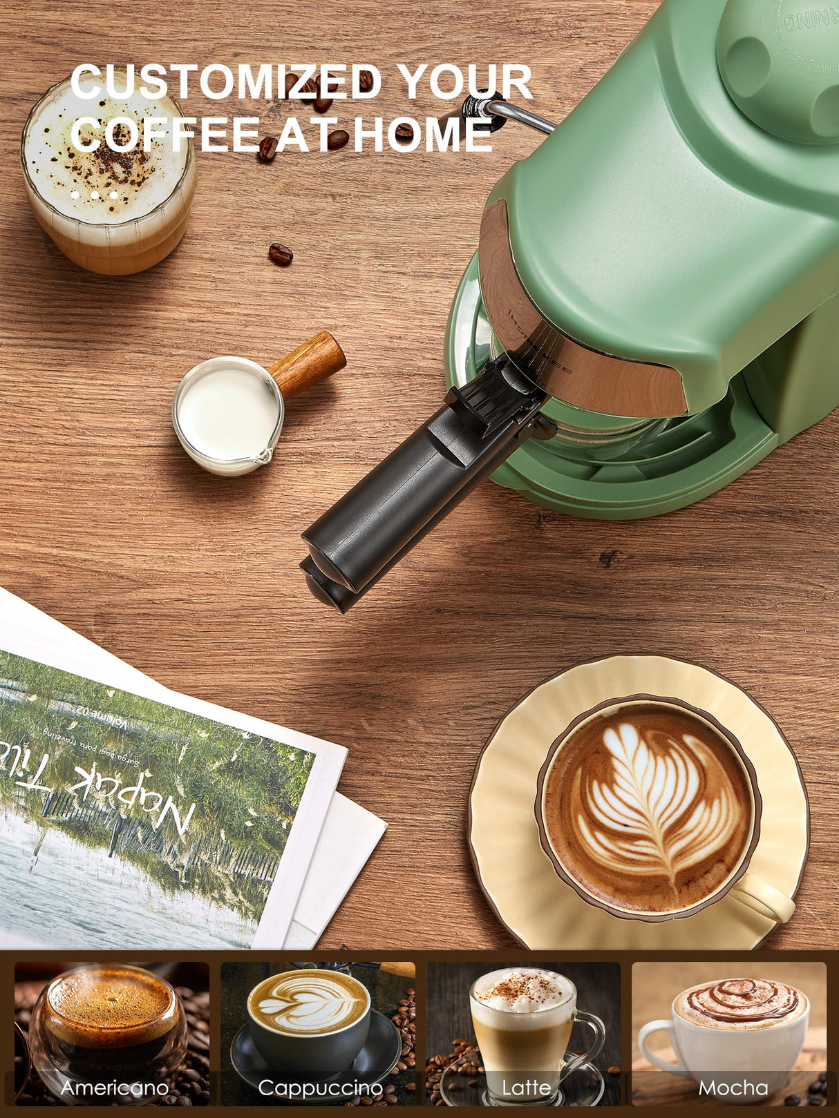 Ihomekee Espresso Machine, 3.5Bar Espresso and Cappuccino Machine with Fast Heating Function, 1-4 Cups Coffee Maker with Milk Frothing Function and Steam Wand (Green) Ihomekee