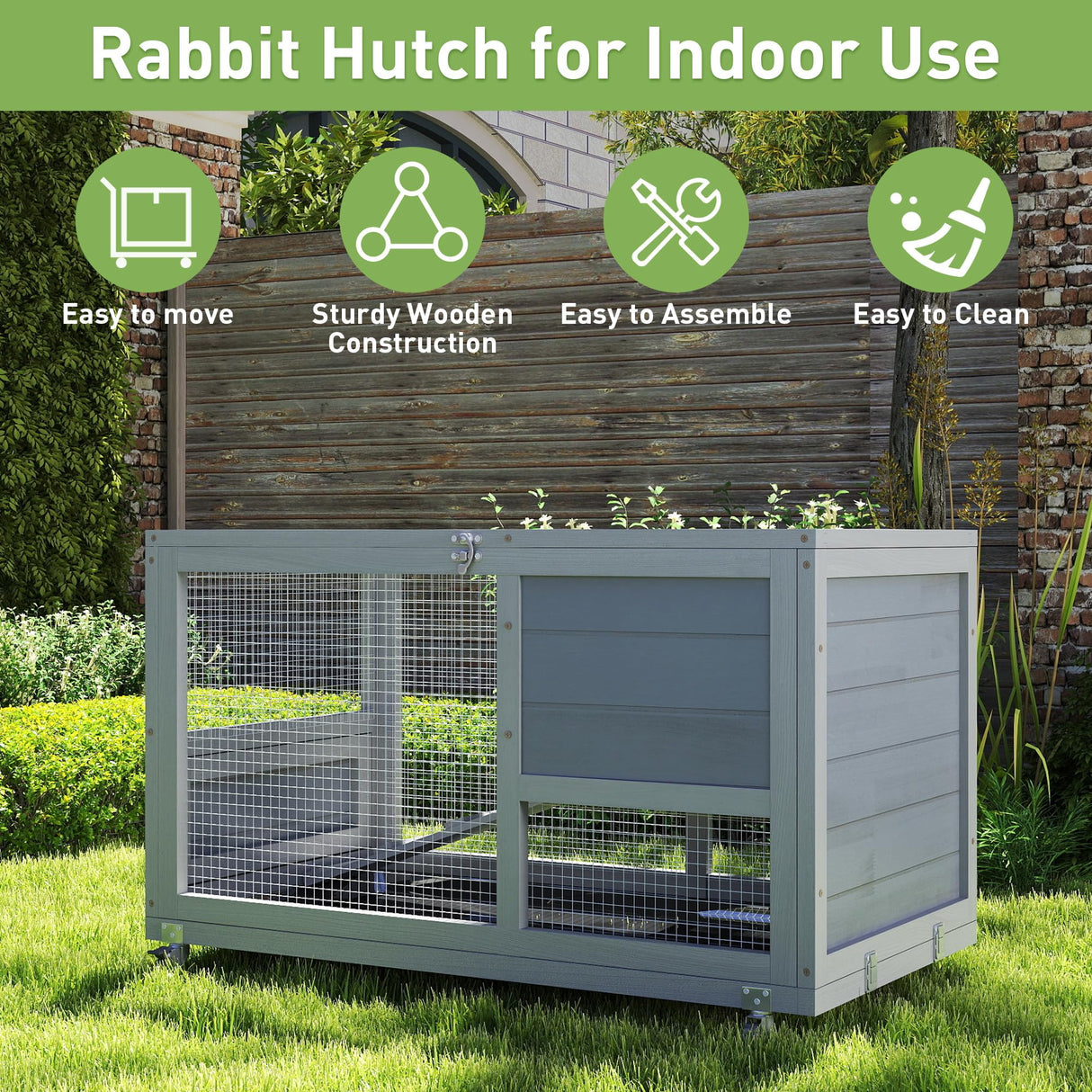 Wooden 36Inches Rabbit Hutch Indoor with Wheels Bunny Cage Outdoor Durable Wide Space Rabbit Cage with Tray, Openable Roof, Anti-Slip Ramp for Small Bunny Rabbit (Grey) Nyeekoy