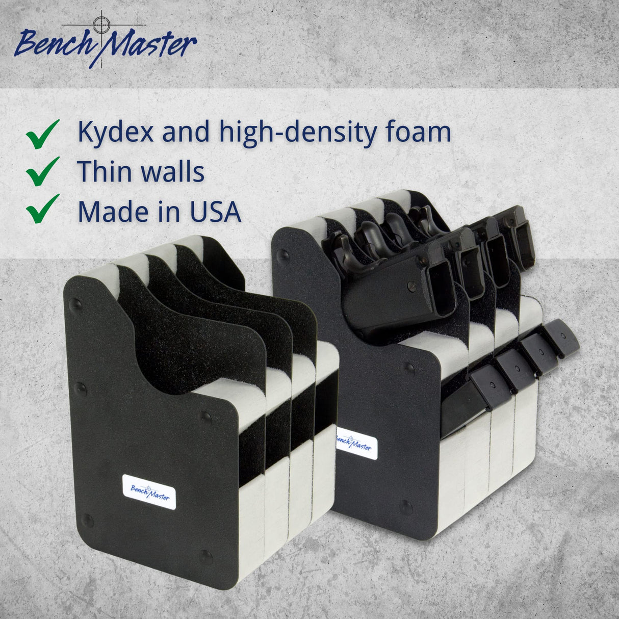 BenchMaster Vertical Pistol Rack, Handgun Safe Storage, Holds 2 to 12 Pistols, Secure Gun Holder Organizer, Kydex and High-Density Foam, No Metal, Lightweight, Sturdy, No Flex, Made in USA BenchMaster