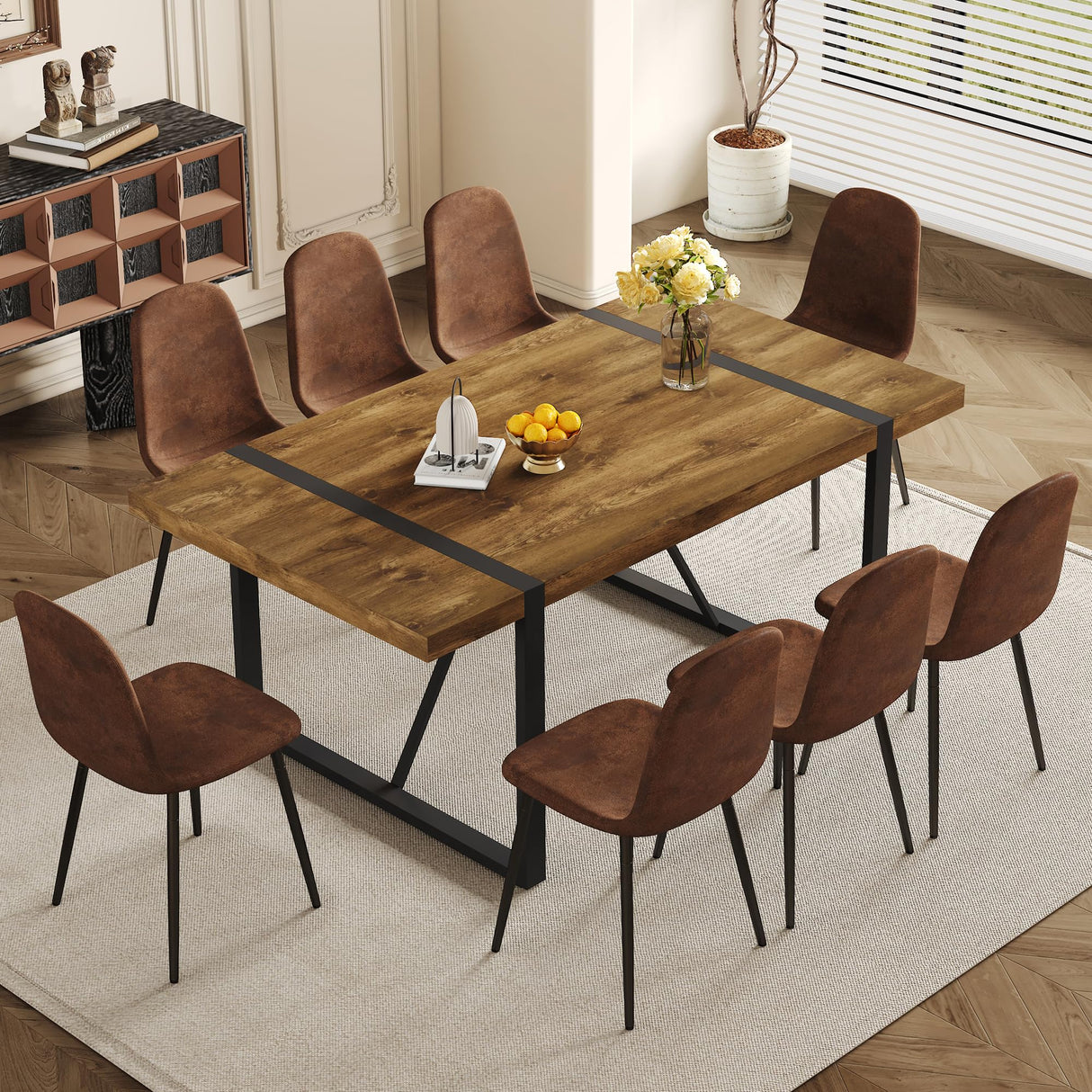 Ganooly Rustic 9 Piece Dining Room Table Set for 8 People, Mid Century Modern 71 Inch Rectangle Wood Kitchen Dining Table with 8 Fabric Chairs Set, Suitable for Kitchen Dining Room Apartment Ganooly