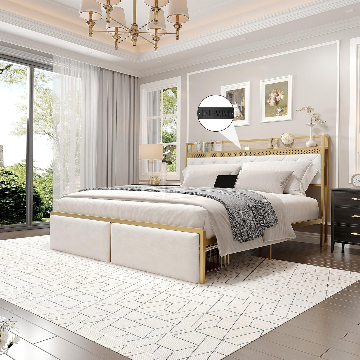 GarveeHome King Bed Frame with 2 Storage Drawers, LED Bed Frame with 2-Tier Storage Headboard&Charging Station, Metal Platform Bed Frame, No Box Spring Needed, Noise Free, White GarveeHome