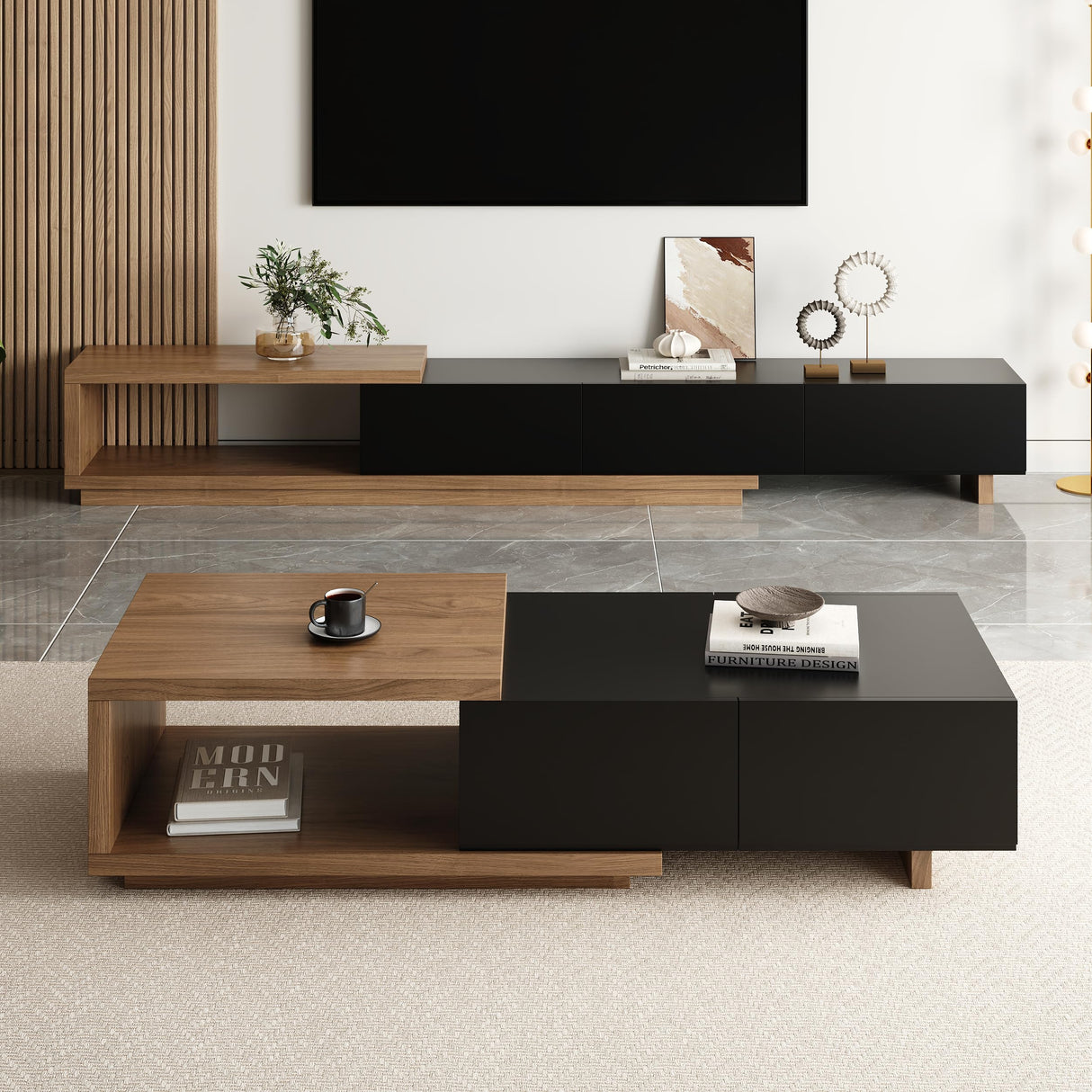 homary Extendable Coffee Table, 47"-69" Expandable Walnut Coffee Table with 2 Drawers, Modern Adjustable Center Table for Living Room & Small Spaces (Black & Walnut) homary