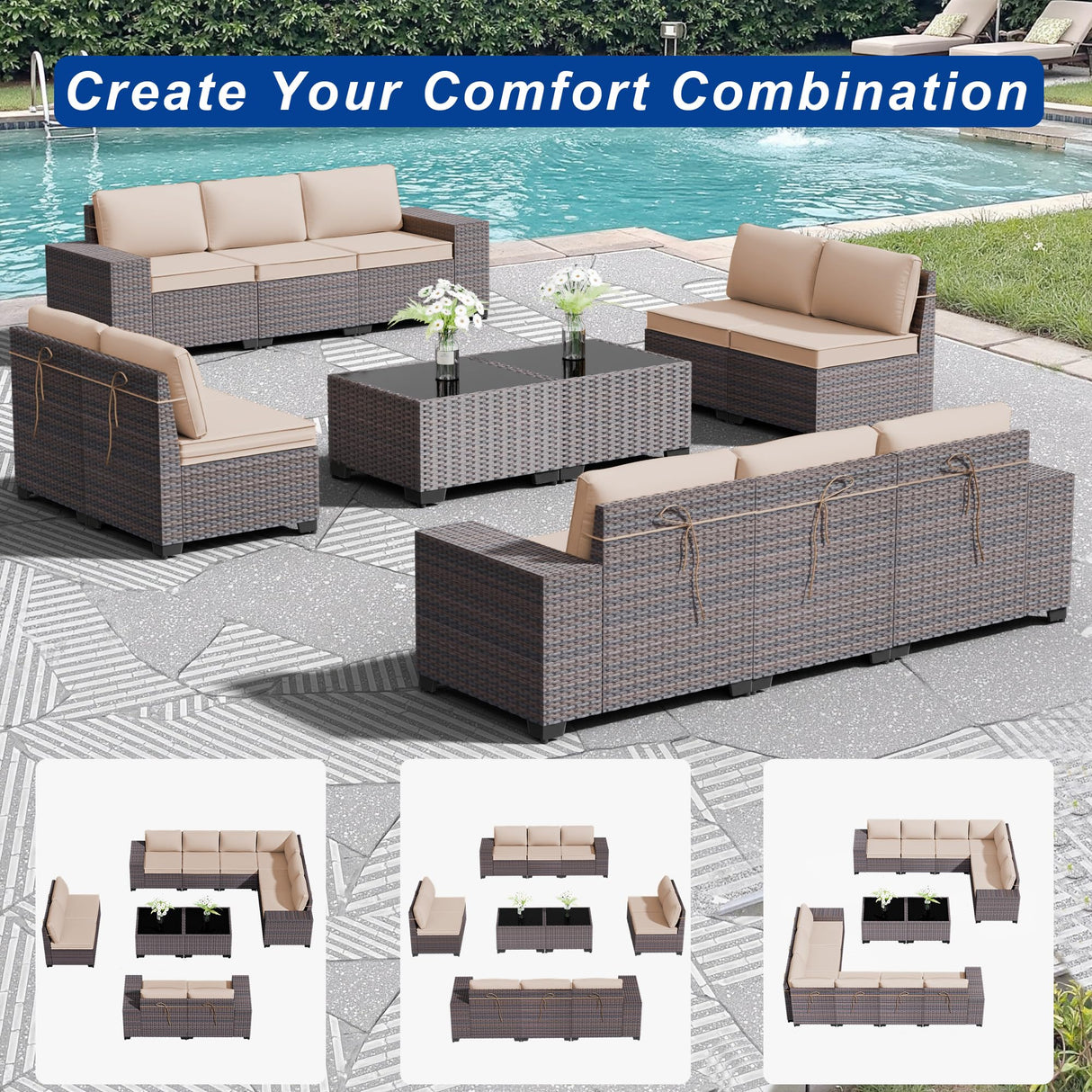 ASJMR Outdoor Patio Furniture Set, 12 Pieces Outdoor Sectional Furniture High Backrest Patio Sofa, All-Weather PE Rattan Patio Conversation Set with Coffee Table & Cushions(Brown). ASJMR
