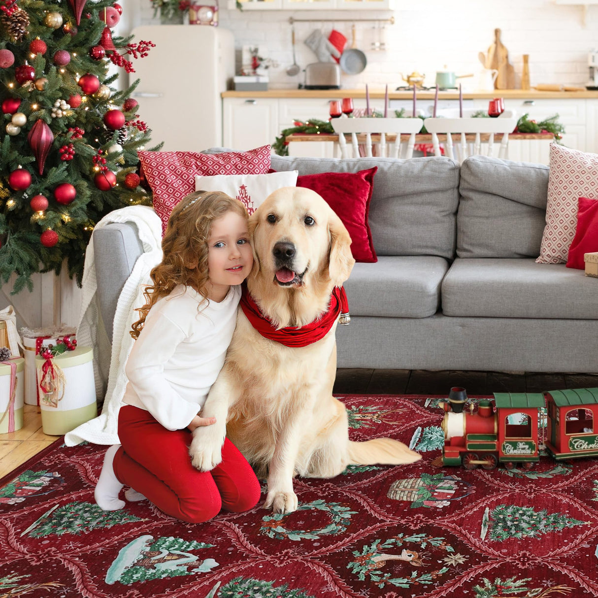 GarveeHome Christmas Rug 5x7 Boho Non-Slip Stain Resistant Machine Washable Rug for Bedroom,Large Neutral Low-Pile Area Rug for Living Room Bedroom Kitchen Office, Red GarveeHome