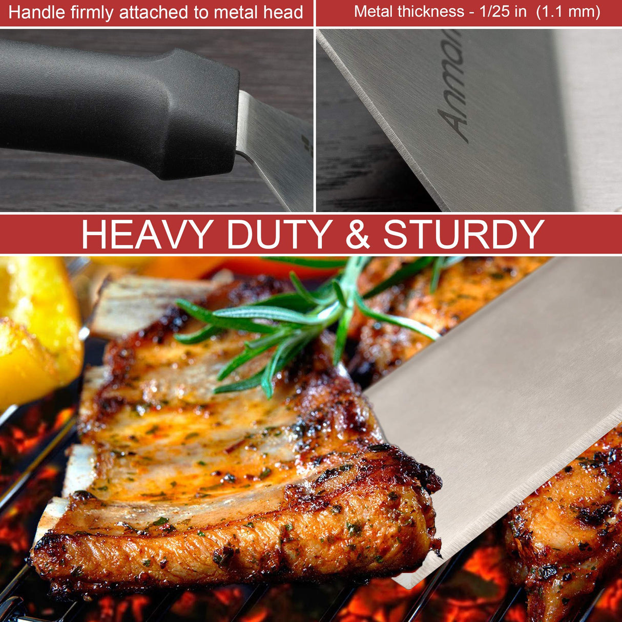 Metal Spatula Stainless Steel and Scraper - Professional Chef Griddle Spatulas Set of 3 - Heavy Duty Accessories Great for Cast Iron BBQ Flat Top Grill Skillet Pan - Commercial Grade Anmarko