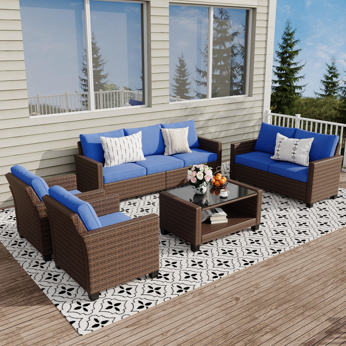 GarveeLife 5 Pieces Patio Furniture Set, 7-Seater Rattan Wicker Patio Conversation Sets with Coffee Table, Outdoor Sectional Patio Sofa Set, Brown Rattan and Blue Cushions GarveeLife