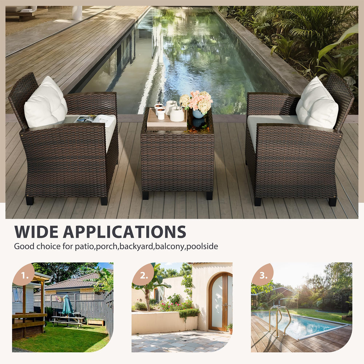 Vongrasig 3 Piece Patio Furniture Set Small Outdoor Wicker Rattan Front Porch Bistro Set Cushioned Patio Chairs Conversation Set with Glass Table for Lawn, Garden, Backyard, Balcony, Poolside (Beige) Vongrasig