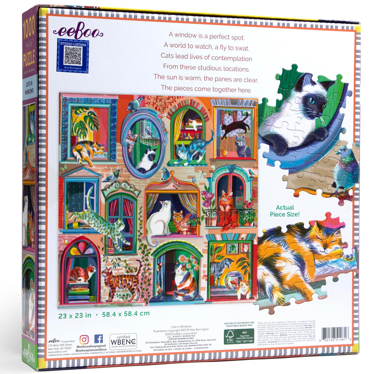 eeBoo Piece & Love: Cats in Window - 1000 Piece Puzzle - Adult Square Jigsaw, 23x23, Includes Image Reference Insert, Glossy Pieces eeBoo