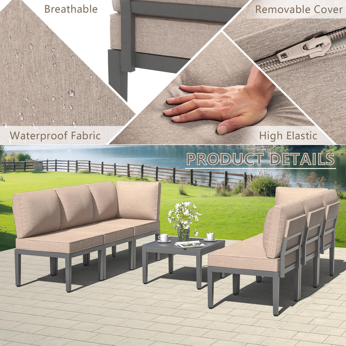 Kullavik Patio Furniture Set,7 Pieces Metal Modern Outdoor Furniture,Outdoor Sectional Sofa w/5.1" Cushions and Coffee Table for Patio,Backyard,Sand Kullavik
