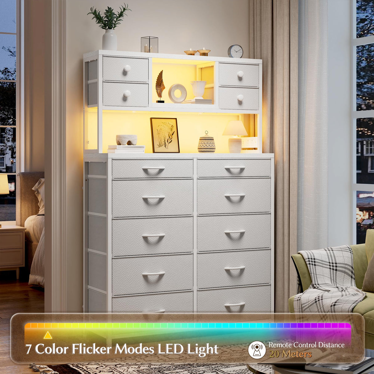 62.8" H Dresser for Bedroom with 14 Fabric Drawers,White Dresser with Charging Station and LED Lights,Dressers & Chests of Drawers for Bedroom, Steel Frame & Wooden Top, Entryway EnHomee