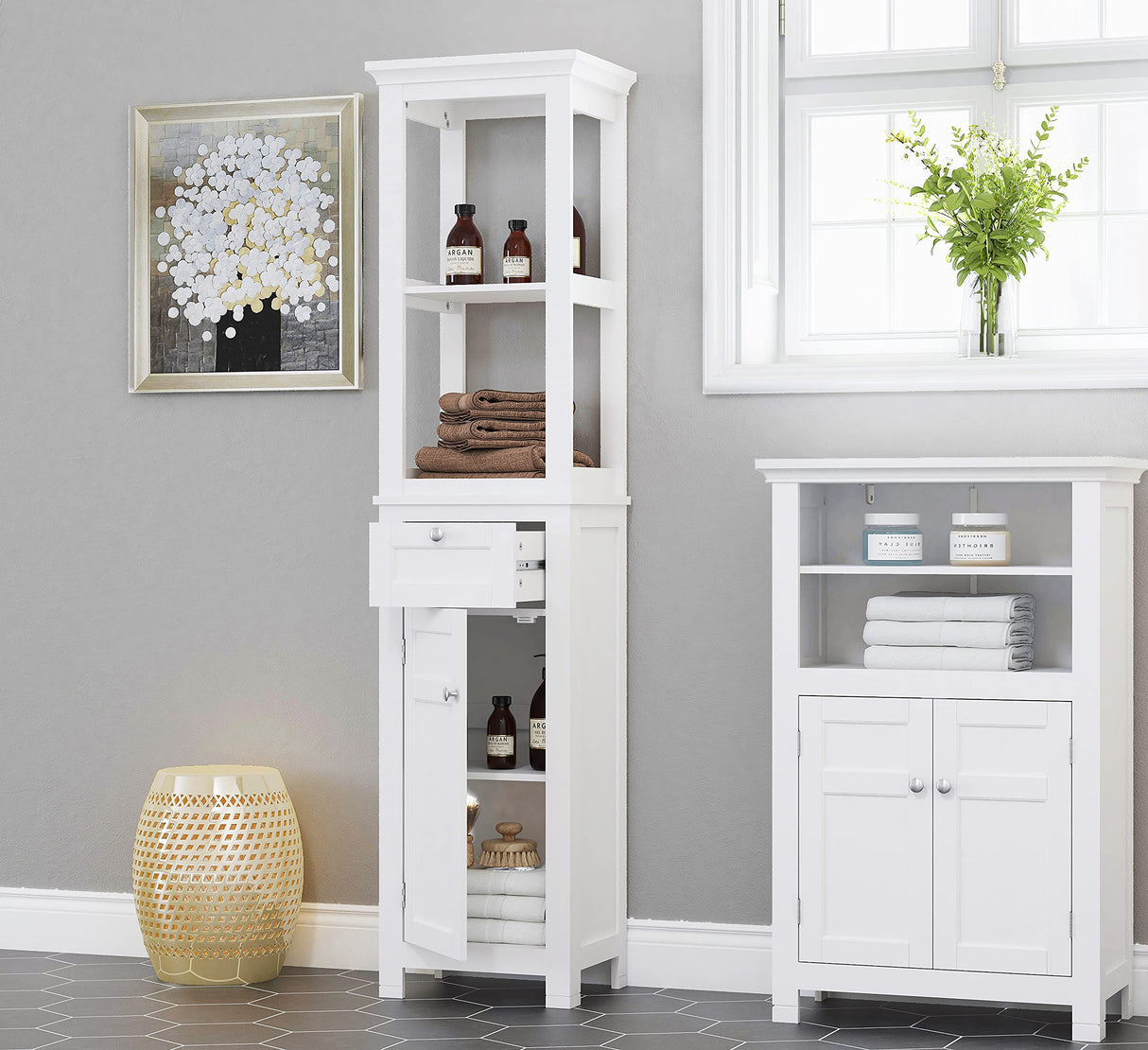 Spirich Bathroom Freestanding Storage Cabinet with Two Tier Open Shelves, Tall Slim Cabinet with Door and Drawer, Floor Linen Tower (White) Spirich