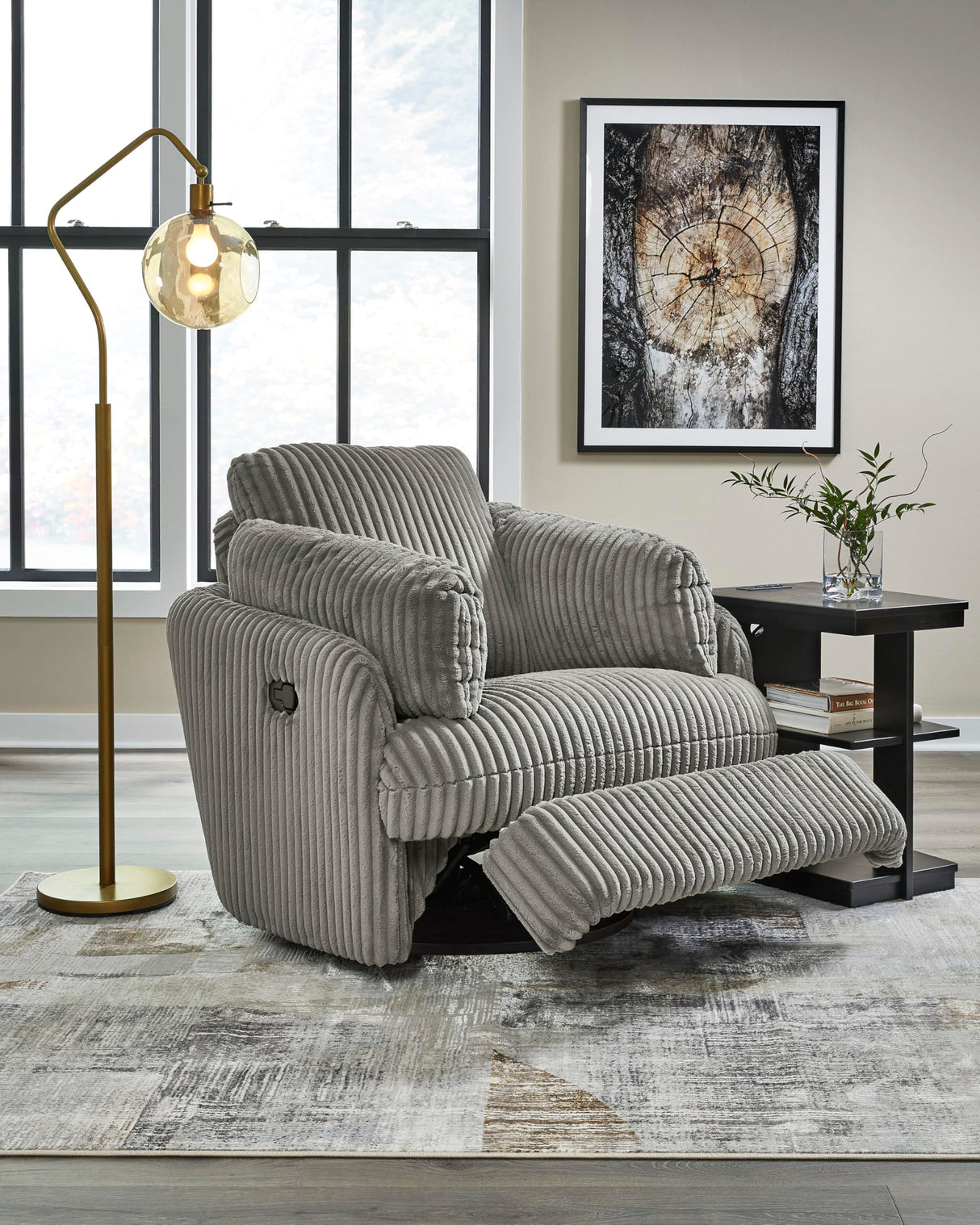Signature Design by Ashley Tie-Breaker Casual Manual Press-Back Swivel Glider Rocker Recliner with 2 Bolster Pillows and Hidden Storage, Light Gray Signature Design by Ashley