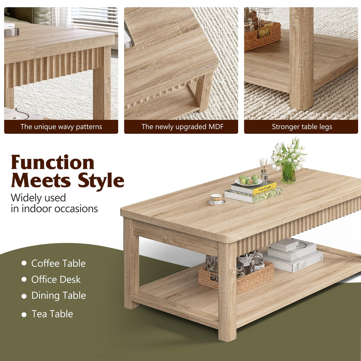 Homkdom Coffee Table, 39 Inch Modern Coffee Tables for Living Room with 2-Tier Storage & Wave-Edge, Oak Center Table for Bedroom/Office Homkdom