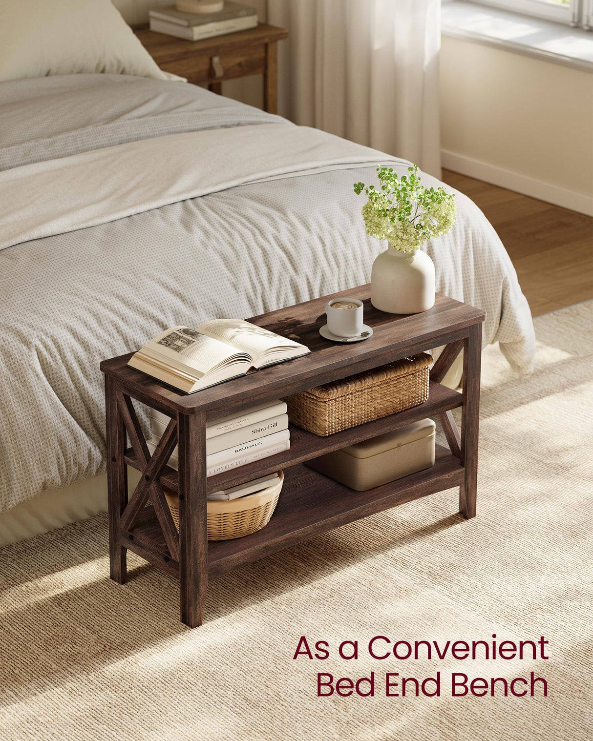 VASAGLE, Entryway Storage Bench, 2-Tier Shoe Rack, 11.8 x 31.5 x 18.9 Inches, Holds up to 300 lb, Farmhouse Style, for Living Room, Bedroom, Maroon Brown ULSB053K51 VASAGLE