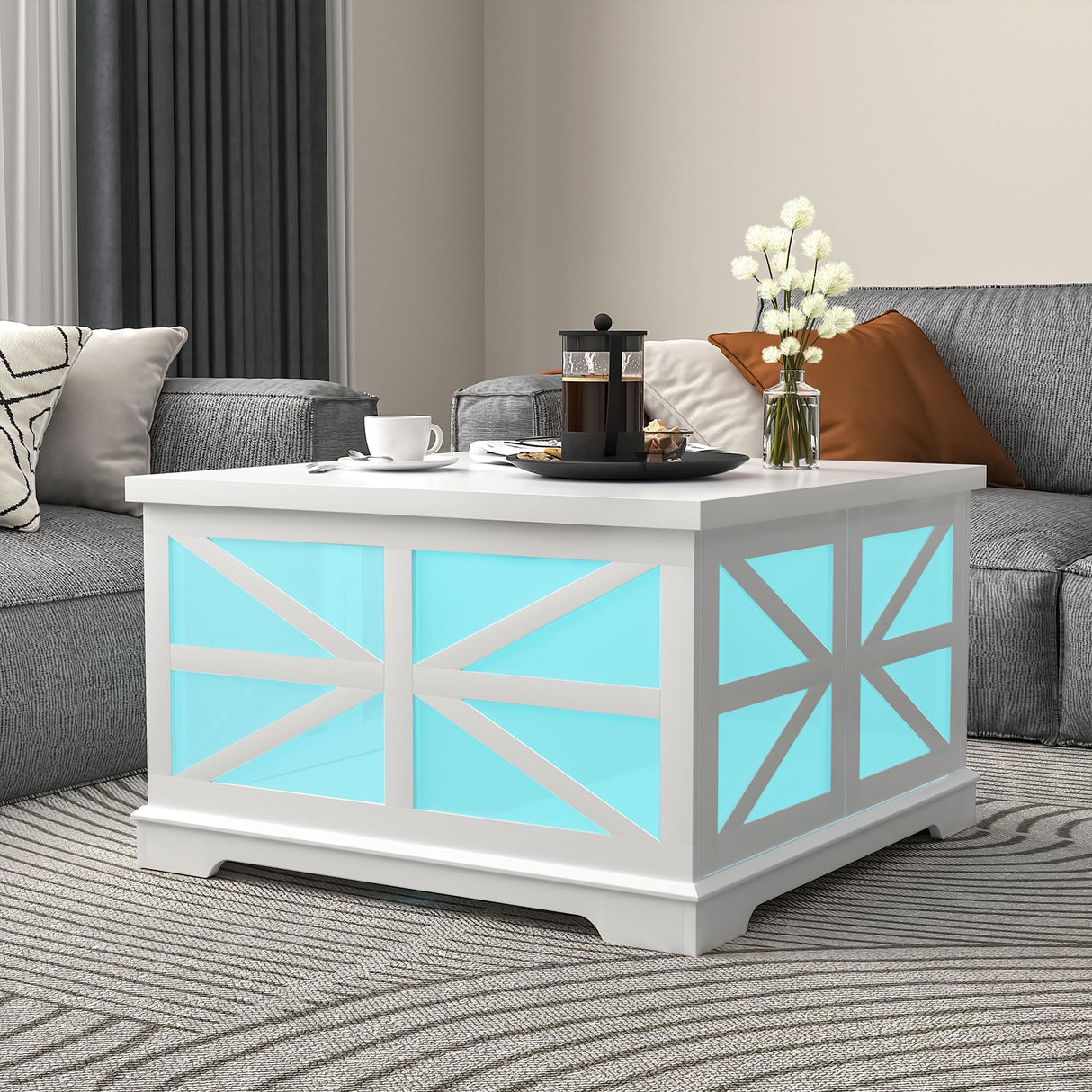 Farmhouse LED Coffee Table for Living Room, Modern Square Coffee Table with Storage, White Coffee Table Decor, Small Wood Coffee Table, Unique Coffee Cabinet for Office, Reception Room yesasin