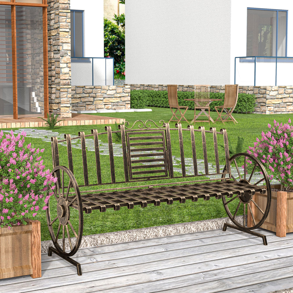 Outdoor Bench Patio Outdoor Garden Bench with Built-in Table, Wagon Wheel Arms, 3 People Outdoor Bench Garden Bench Front Porch Furniture Patio Lawn Yard Park (Bronze) Boweniog