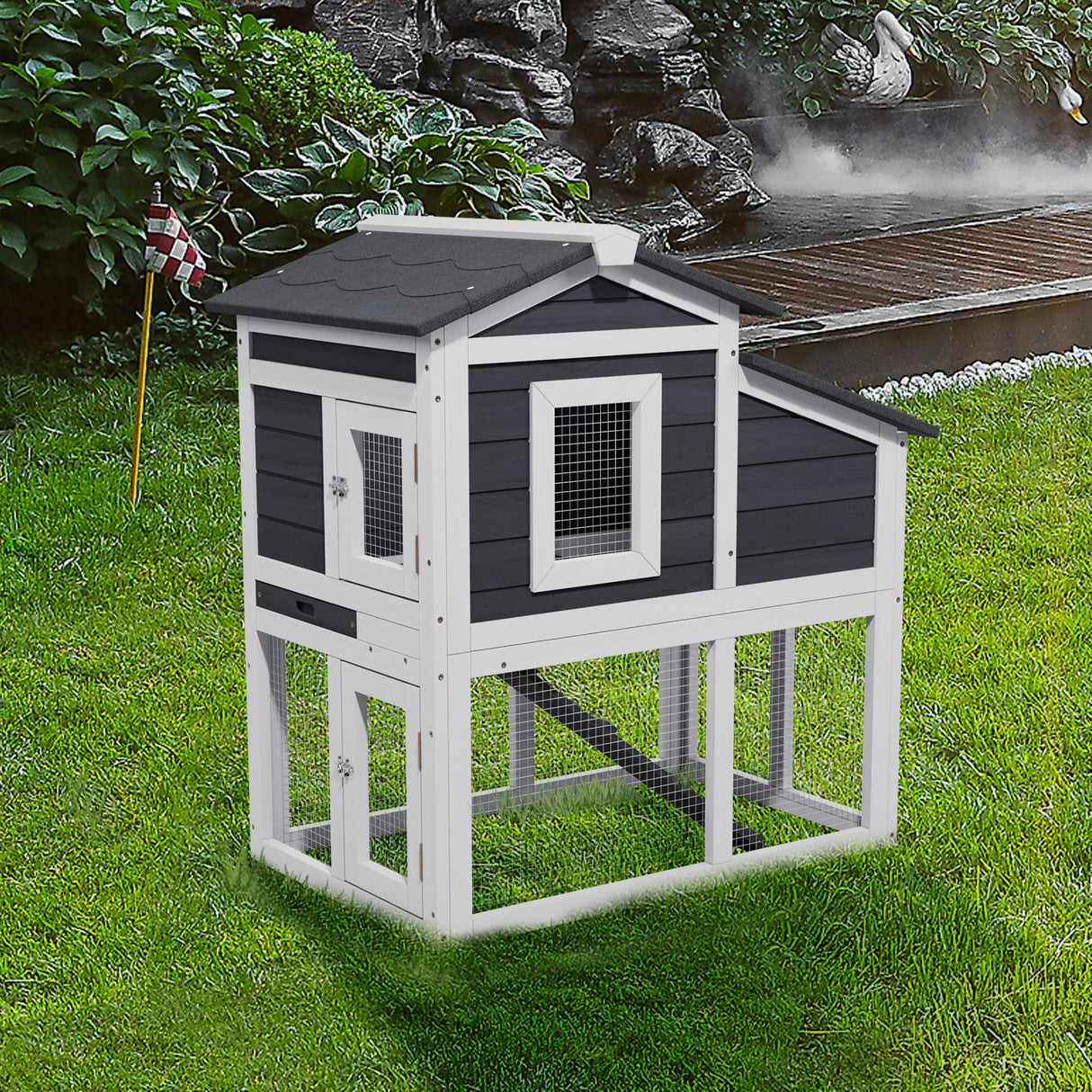 Wooden Chicken Coops with Nesting Boxes Indoor Outdoor,Small Chicken Coop for 2 Chickens,Bunny House Rabbit Hutch Poultry Pet Run Cage with Waterproof Roof,Stairs&Removable Tray TenaoVilleux