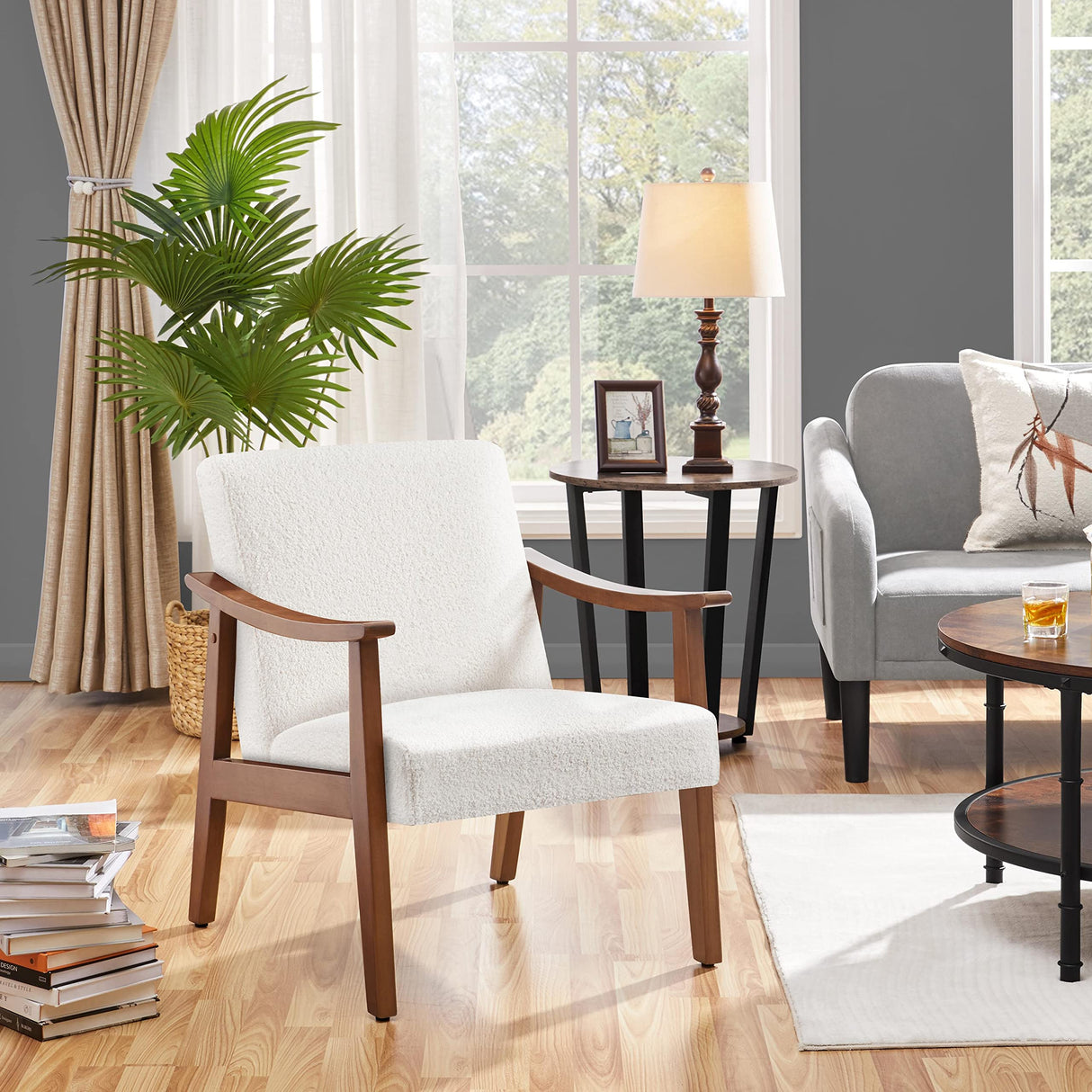 Yaheetech Fabric Accent Chair, Mid-Century Modern Armchair with Solid Wood Legs, Reading Leisure Chair with High Back for Living Room Bedroom Waiting Room,Ivory Yaheetech