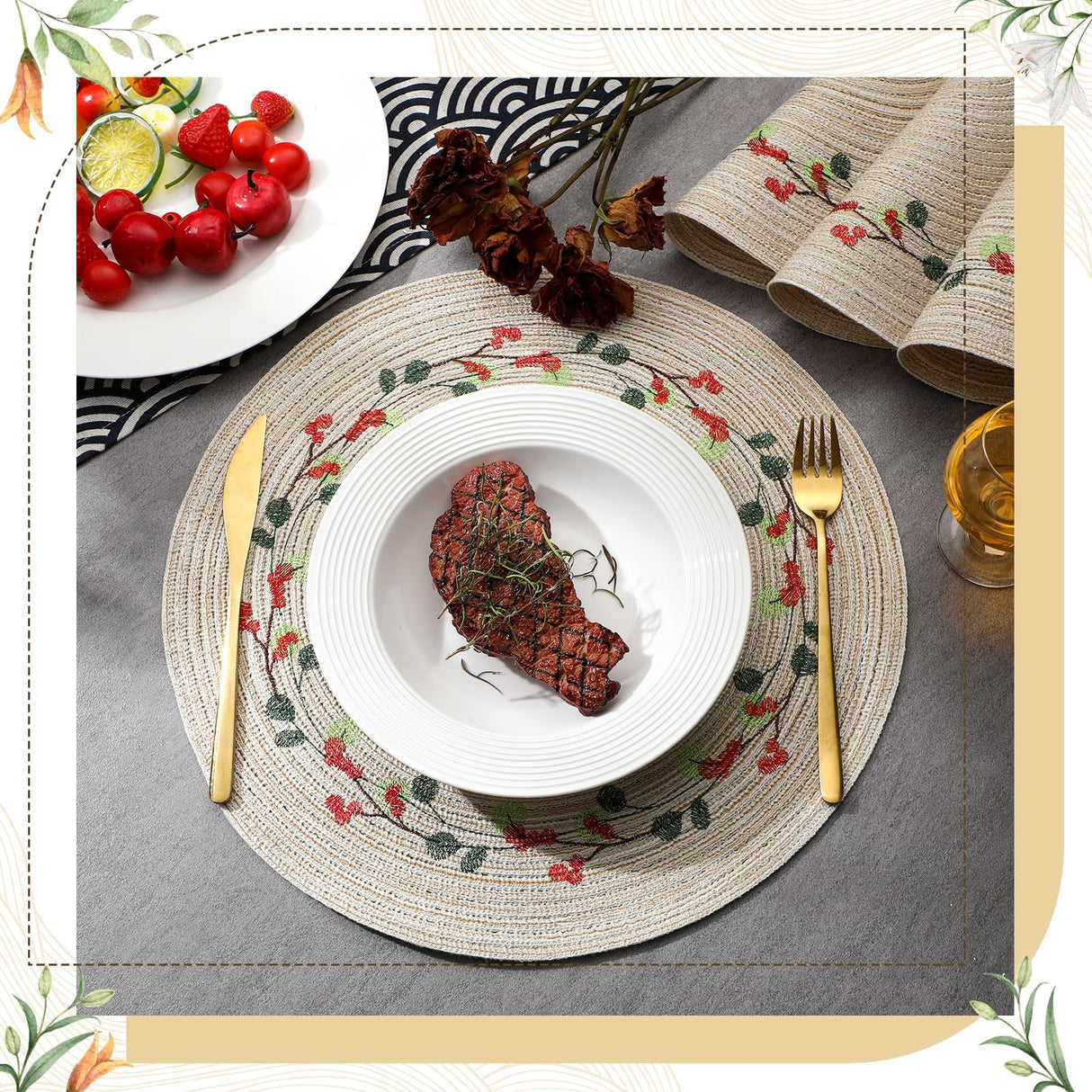 Buryeah 12 Set Christmas Round Placemats Washable 15 Inch Woven Placemats Embroidered Applique Place Mats Christmas Decorations for Winter Holiday Kitchen Dining Table (Berry) Buryeah