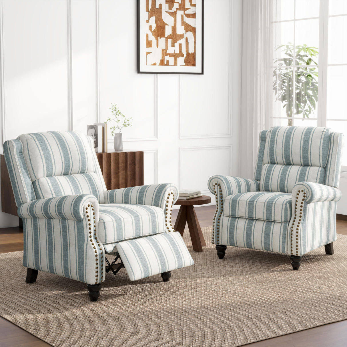 UIXE Pushback Recliner Chairs Set of 2, Fabric Armchair Push Back Accent Chair, Rivet Trim Club Chair Home Theater Overstuffed Single Sofa Reading Seat for Living Room, Stripe Blue UIXE