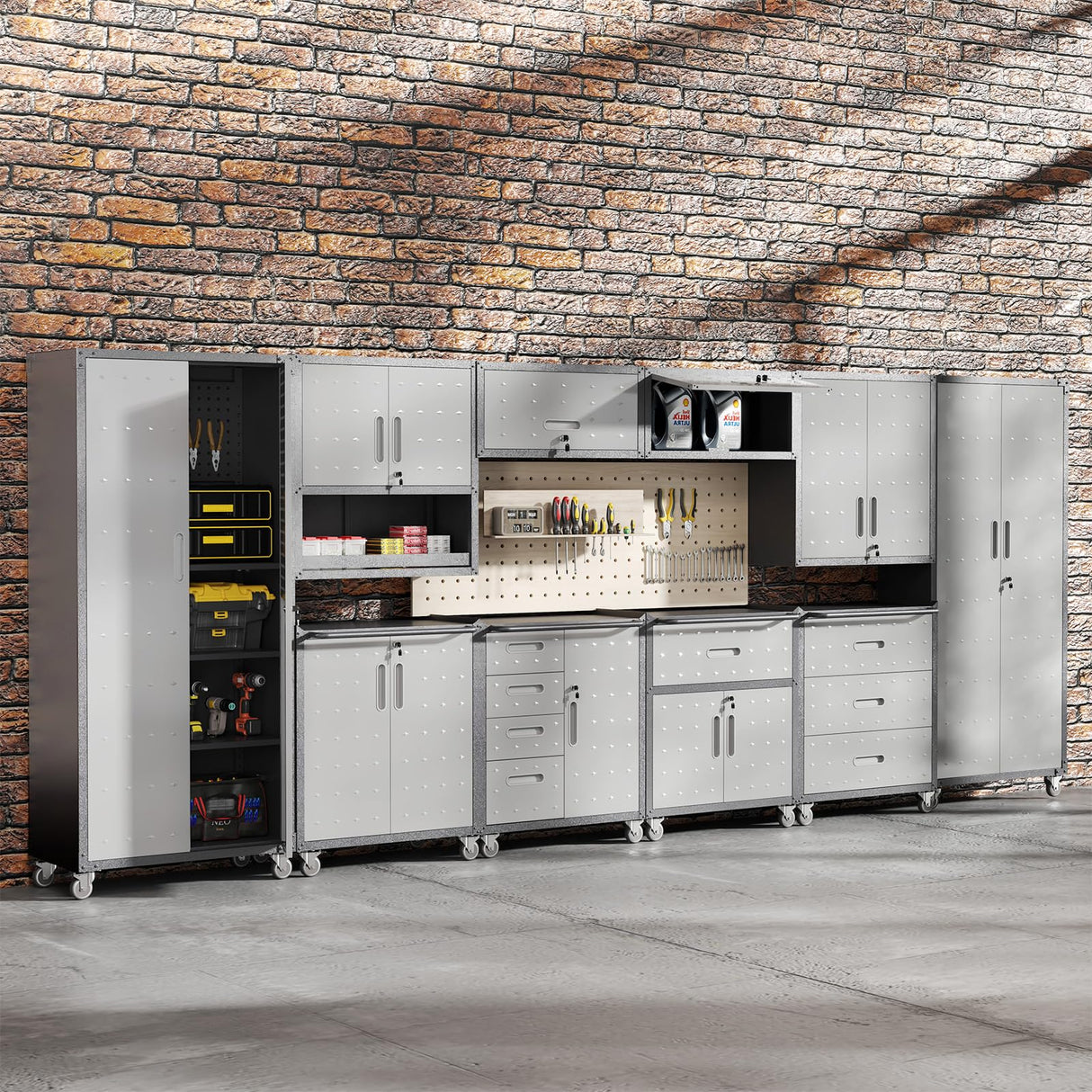 FLIXELIO Garage Storage Cabinets System 5PCS Workshop Set with Drawers Locking Heavy Duty Rolling Cart with Adjustable Shelves Garage Tool Workbench Cabinets (5 PCS-2) FLIXELIO