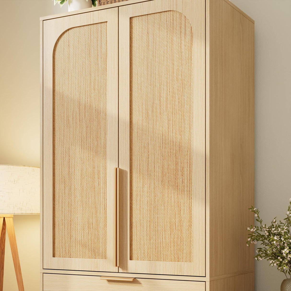 GarveeHome Armoire Wardrobe Closet, 69.5 in Wooden Wardrobe Cabinet with 3 Drawers, Hanging Rod, 2 Doors Clothing Storage Cabinet for Bedroom, Large Capacity Storage, Rattan Door, Natural GarveeHome