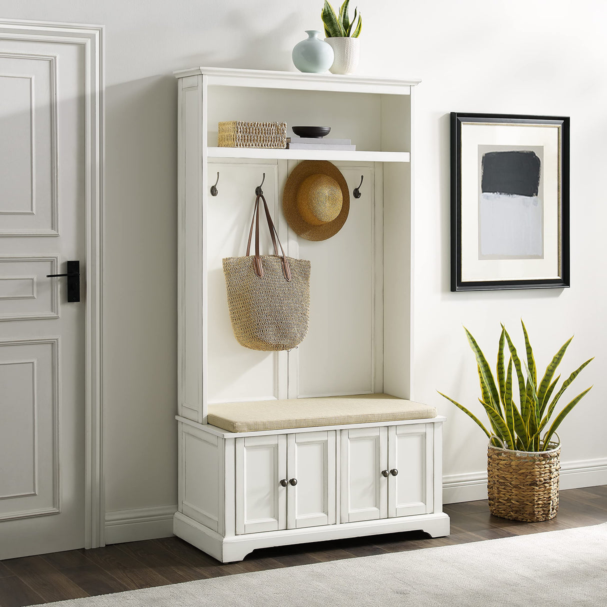 Crosley Furniture Holbrook Hall Tree with Shoe Rack Bench and Coat Hooks for Hanging Storage, Distressed White Crosley Furniture