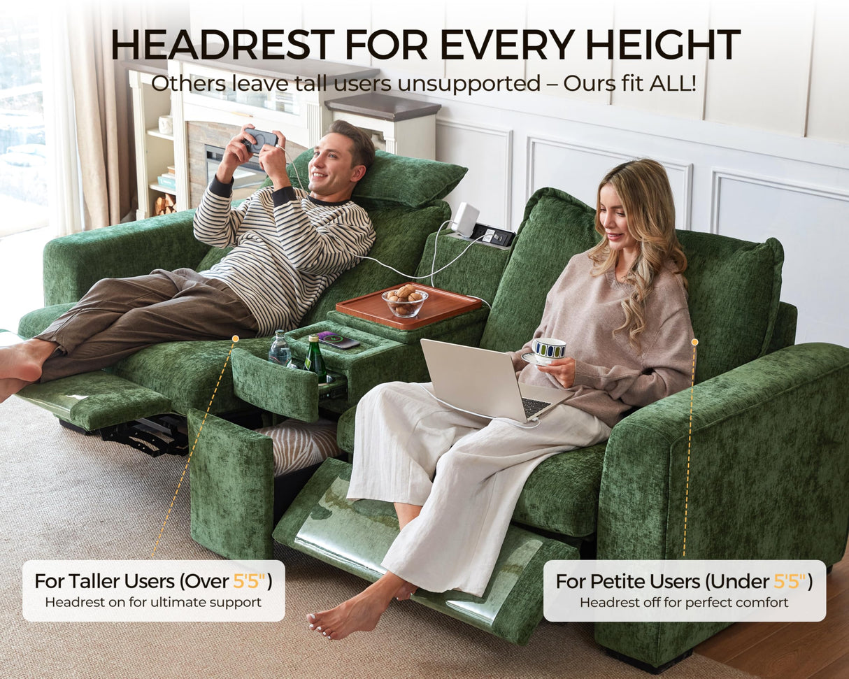 Bedeep Oversized Modular Sectional Sofa with Double Power Recliner, Cloud Reclining Couch with Headrest, Storage Drawer Charging Cup Holders, Deep L-Shaped 6 Seater with Corner, Chenille, Green Bedeep