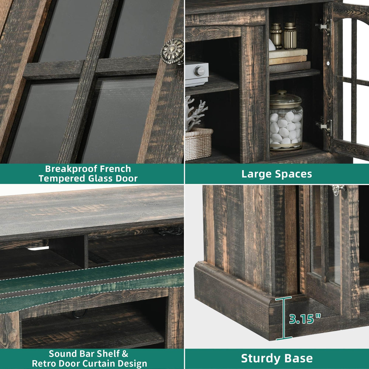 YITAHOME LED Farmhouse TV Stand for 65 Inch w/Outlets, Modern Entertainment Center with Glass Doors and Adjustable Storage Shelves, Media Console TV Cabinet for for Living Room, Dark Rustic Oak YITAHOME