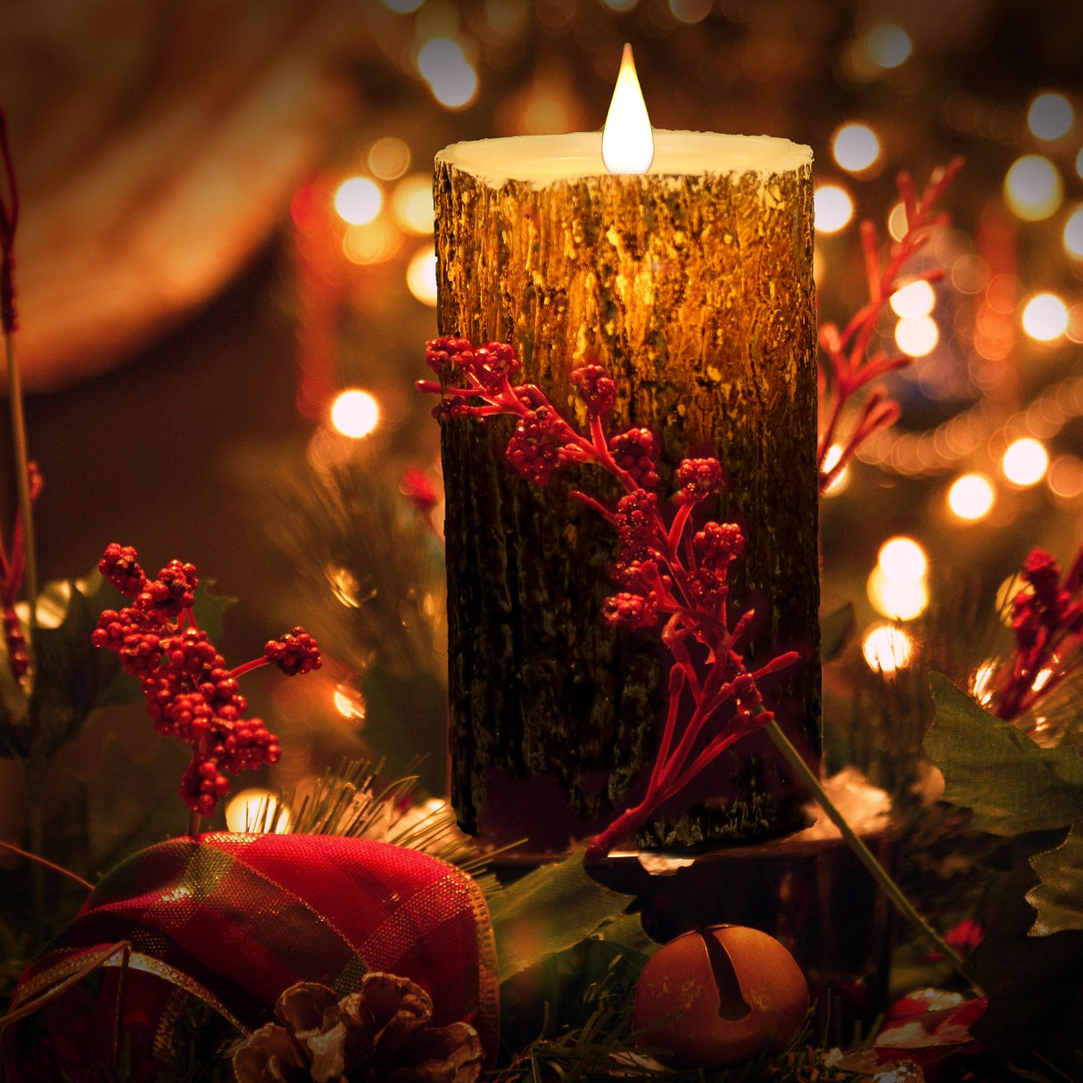 NICEME Rechargeable LED Pine Bark Flameless Candles with Timer Remote USB Cable, Brown Real Wax USB Candles Flickering Fireplace Cabin Decor Electric Fake Battery Pillar Bark Candles, D 3”×H 4”5”6” NICEME